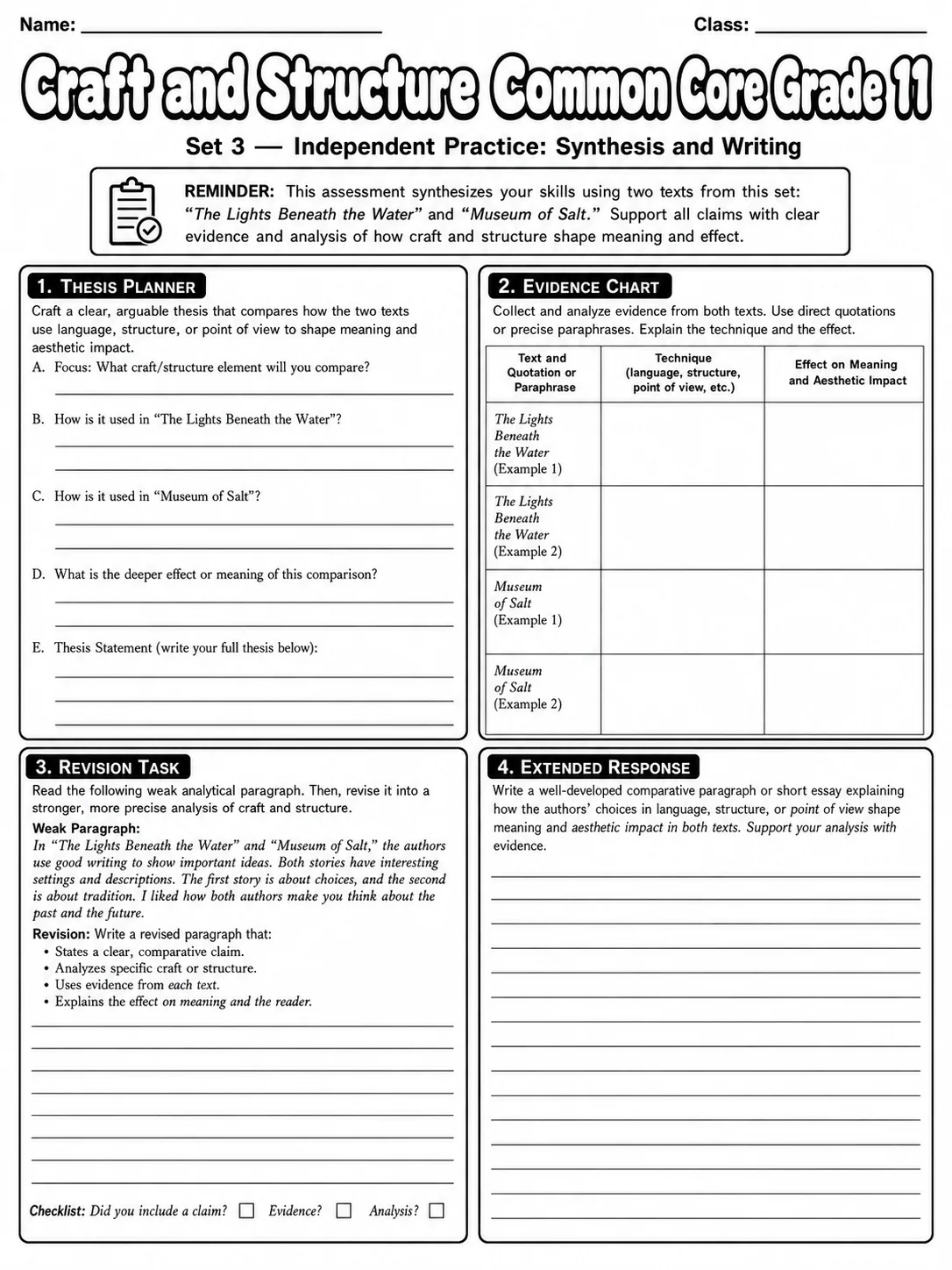 Craft and Structure Common Core Grade 11 page 10 printable Common Core ELA worksheet preview
