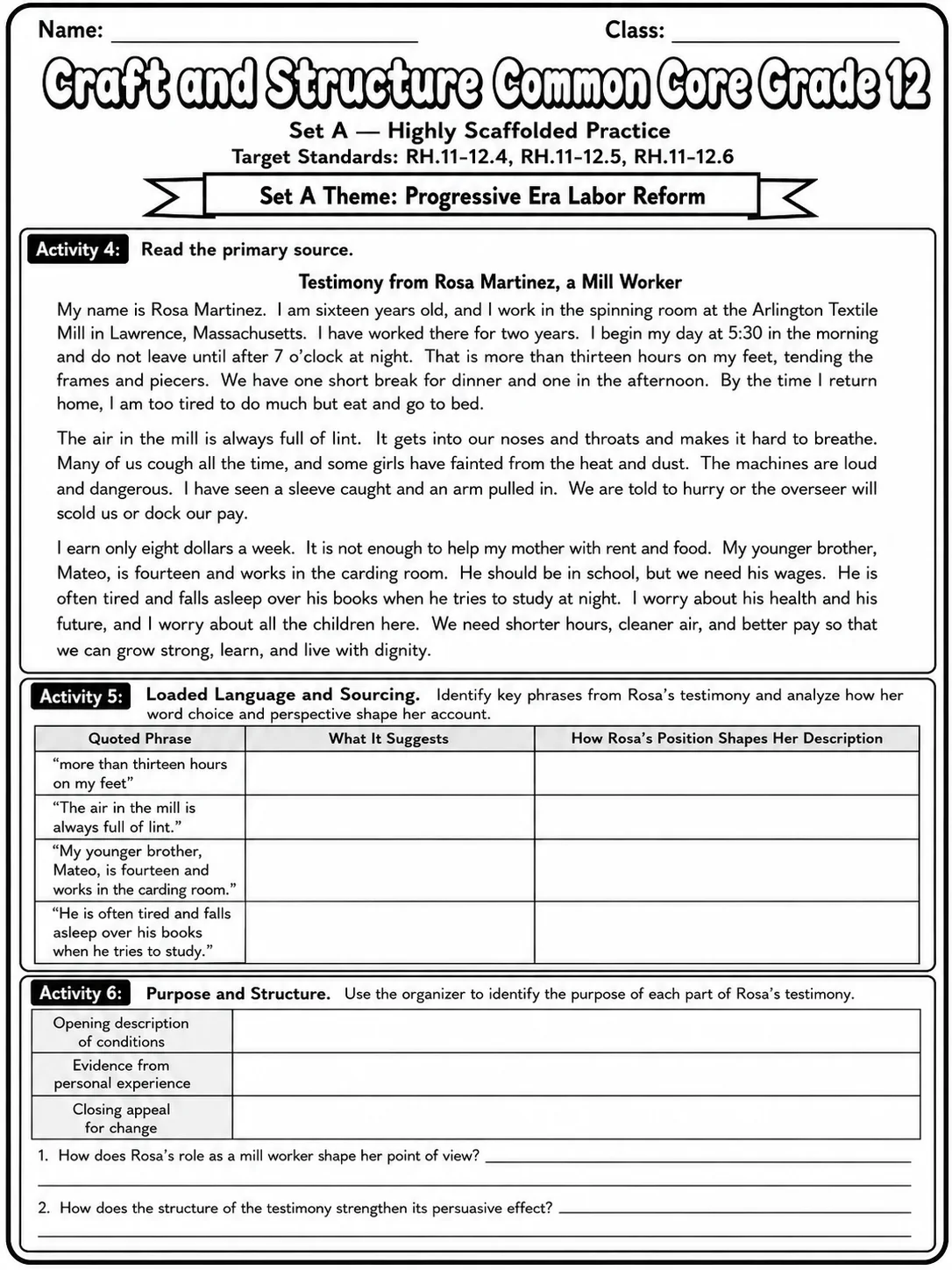 Craft and Structure Common Core Grade 12 page 2 printable Common Core ELA worksheet preview