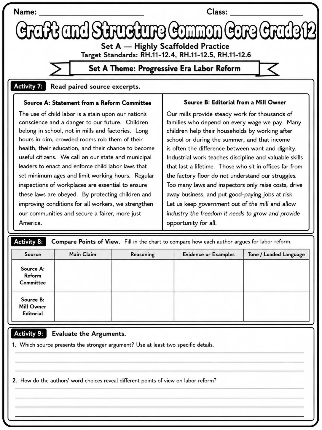 Craft and Structure Common Core Grade 12 page 3 printable Common Core ELA worksheet preview