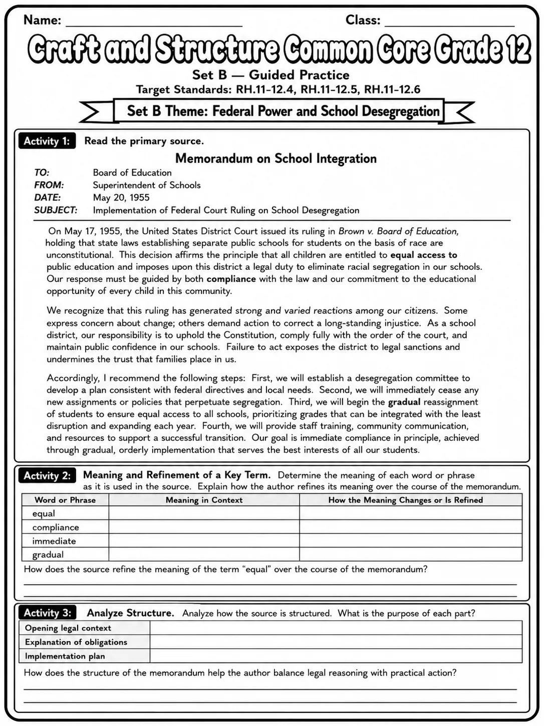 Craft and Structure Common Core Grade 12 page 4 printable Common Core ELA worksheet preview