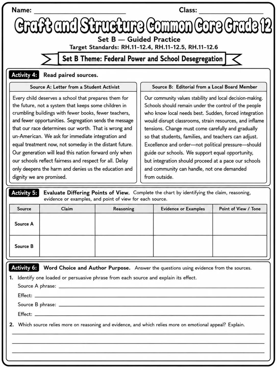Craft and Structure Common Core Grade 12 page 5 printable Common Core ELA worksheet preview