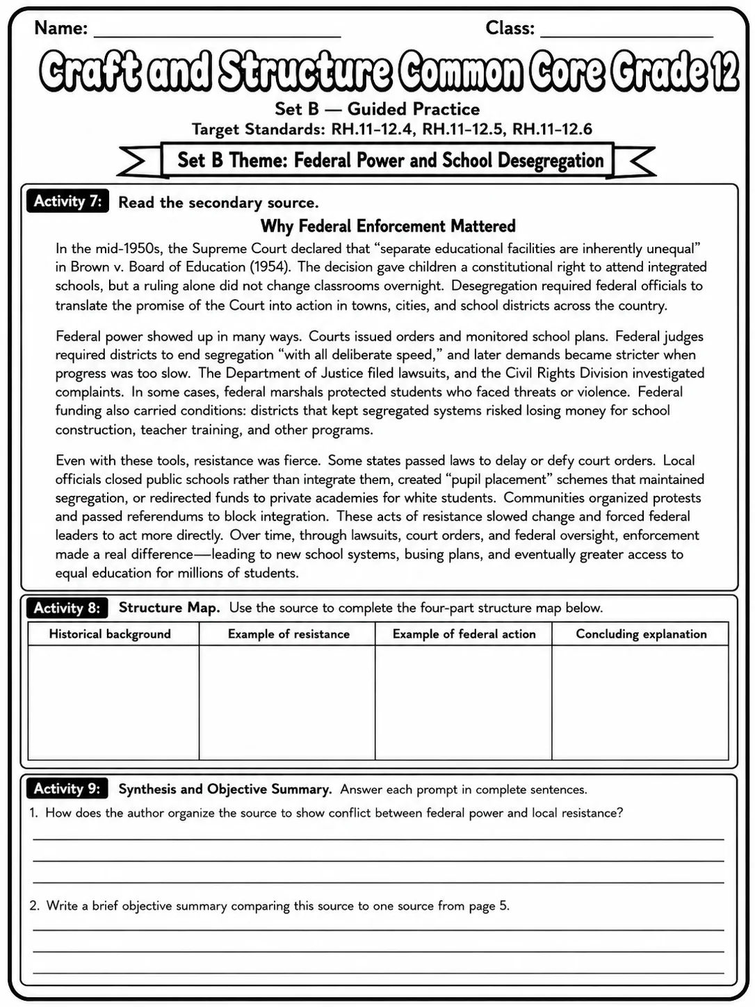Craft and Structure Common Core Grade 12 page 6 printable Common Core ELA worksheet preview