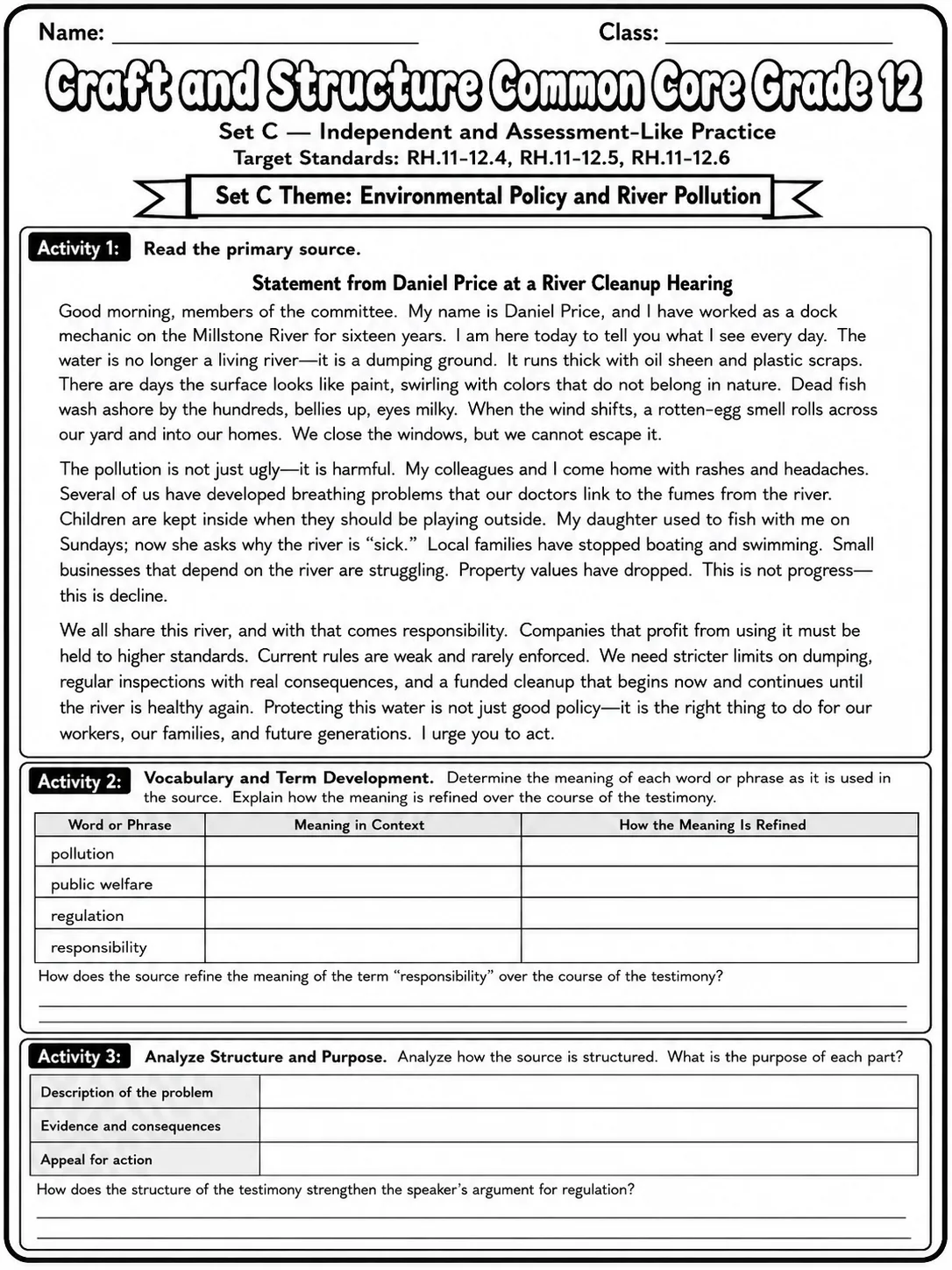 Craft and Structure Common Core Grade 12 page 7 printable Common Core ELA worksheet preview