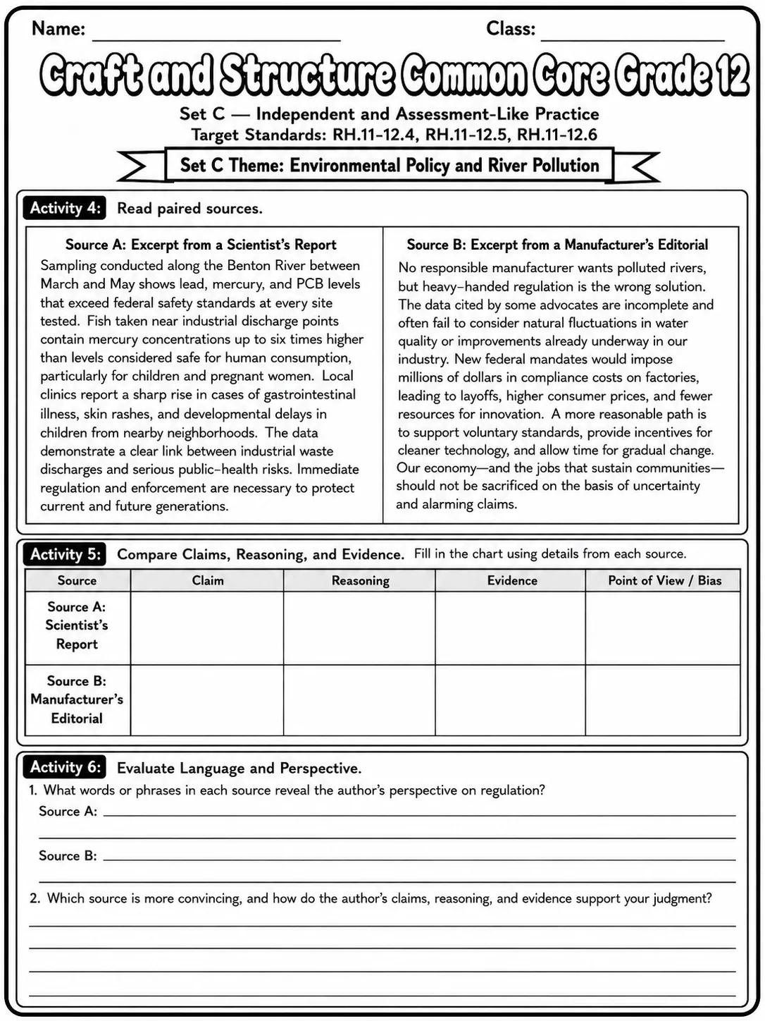 Craft and Structure Common Core Grade 12 page 8 printable Common Core ELA worksheet preview