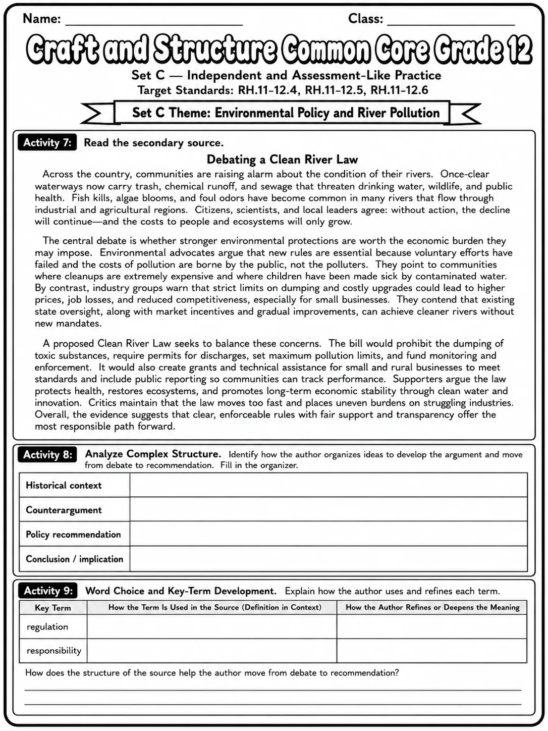 Craft and Structure Common Core Grade 12 page 9 printable Common Core ELA worksheet preview