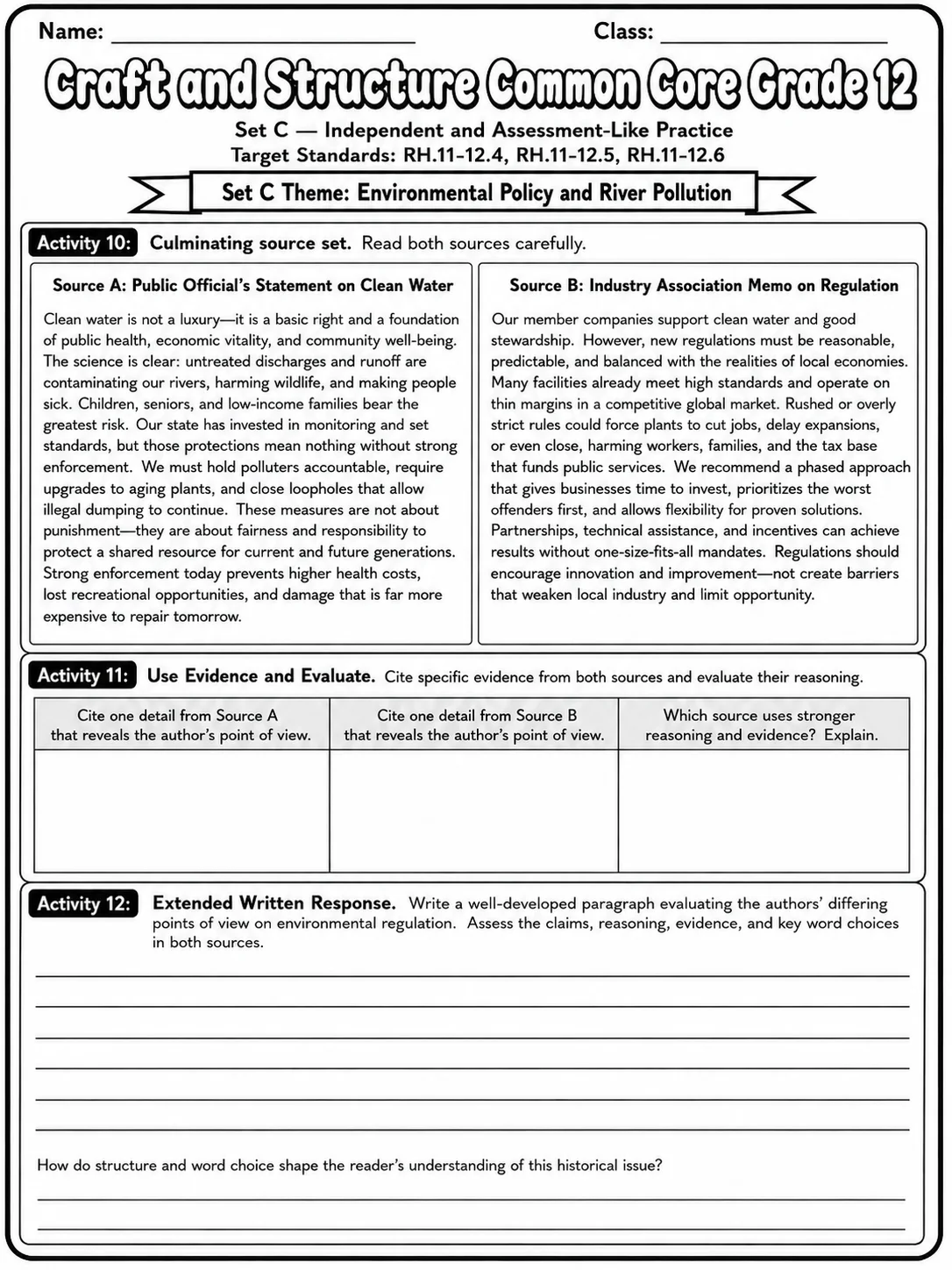 Craft and Structure Common Core Grade 12 page 10 printable Common Core ELA worksheet preview