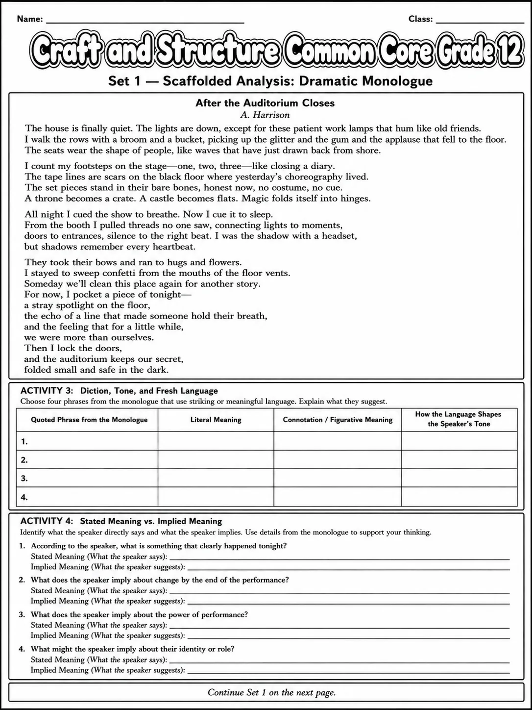 Craft and Structure Common Core Grade 12 page 2 printable Common Core ELA worksheet preview