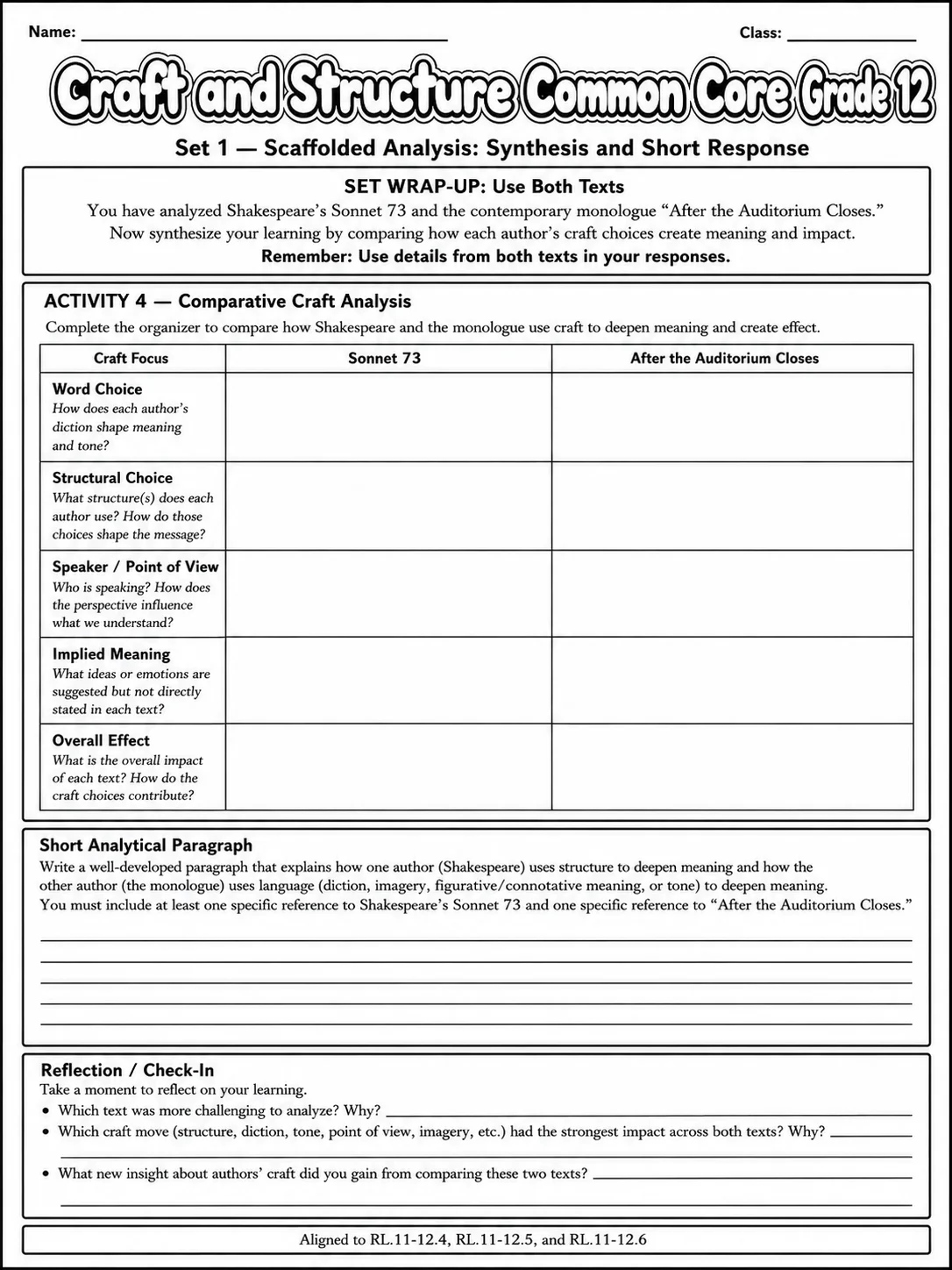 Craft and Structure Common Core Grade 12 page 3 printable Common Core ELA worksheet preview