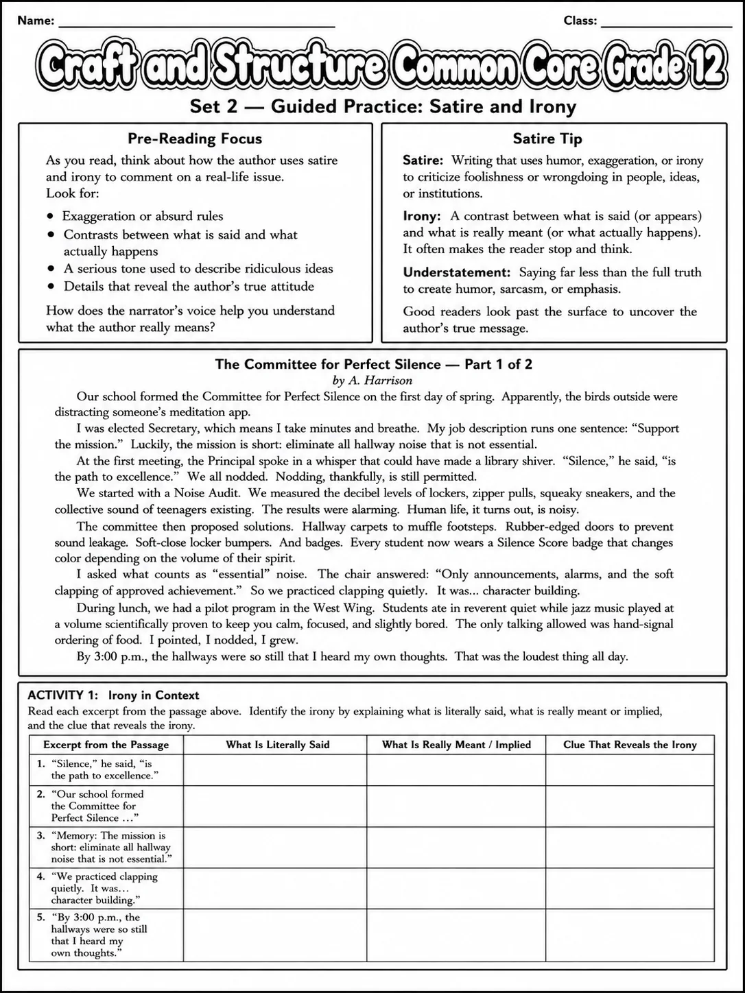 Craft and Structure Common Core Grade 12 page 4 printable Common Core ELA worksheet preview