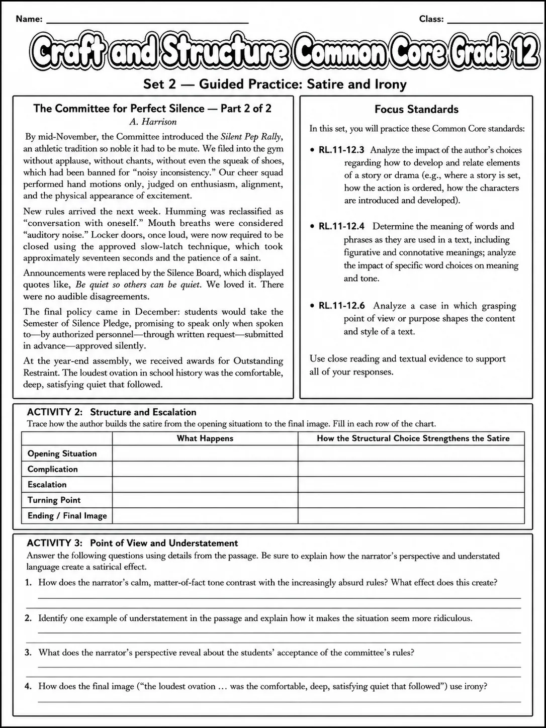 Craft and Structure Common Core Grade 12 page 5 printable Common Core ELA worksheet preview