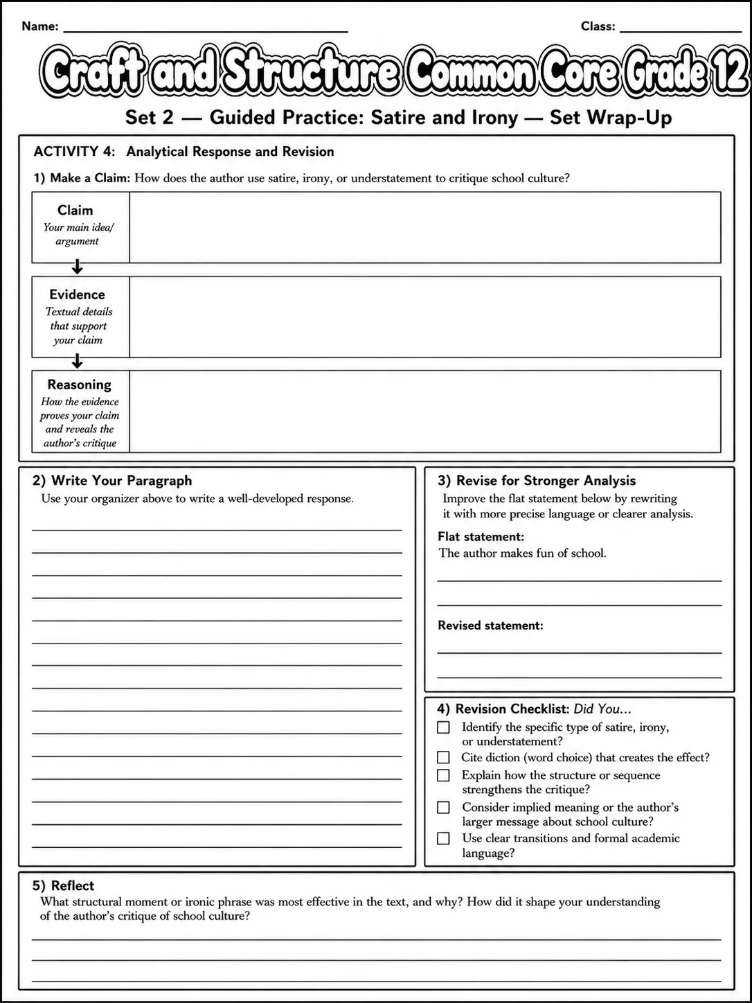 Craft and Structure Common Core Grade 12 page 6 printable Common Core ELA worksheet preview