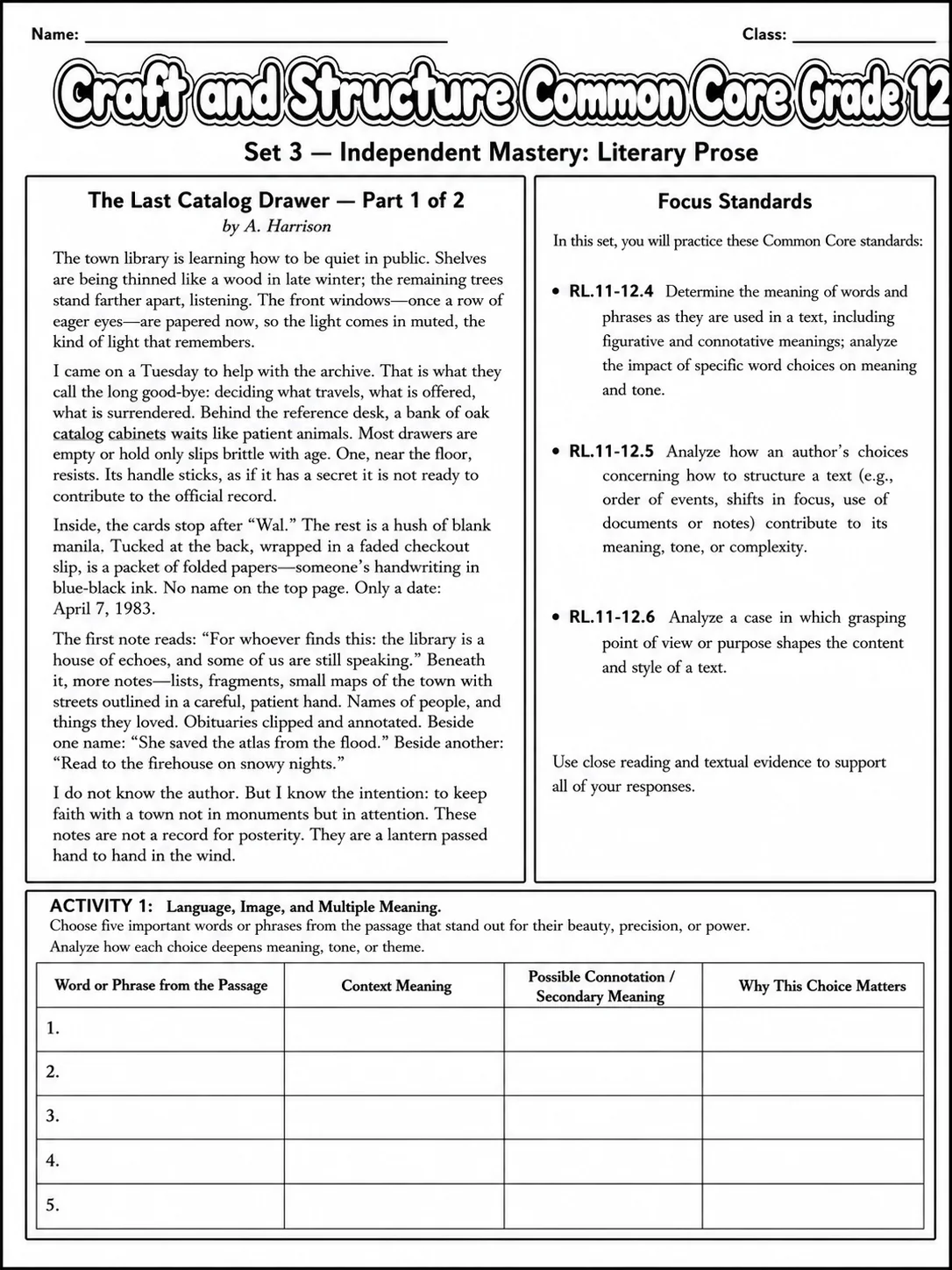 Craft and Structure Common Core Grade 12 page 7 printable Common Core ELA worksheet preview