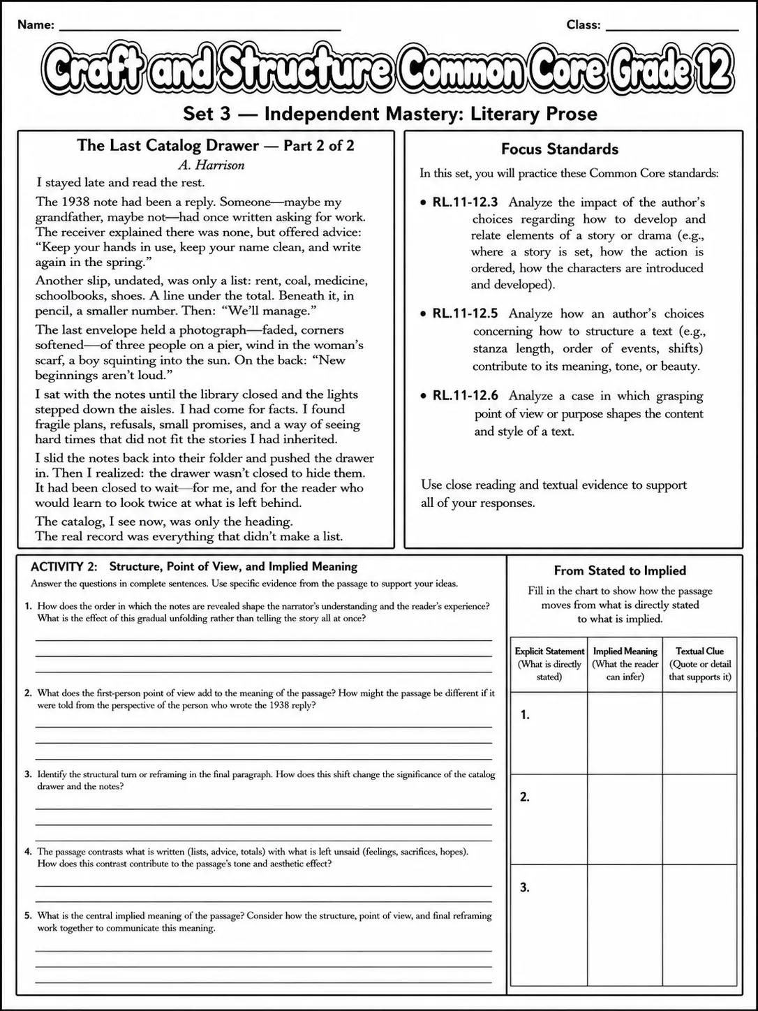 Craft and Structure Common Core Grade 12 page 8 printable Common Core ELA worksheet preview