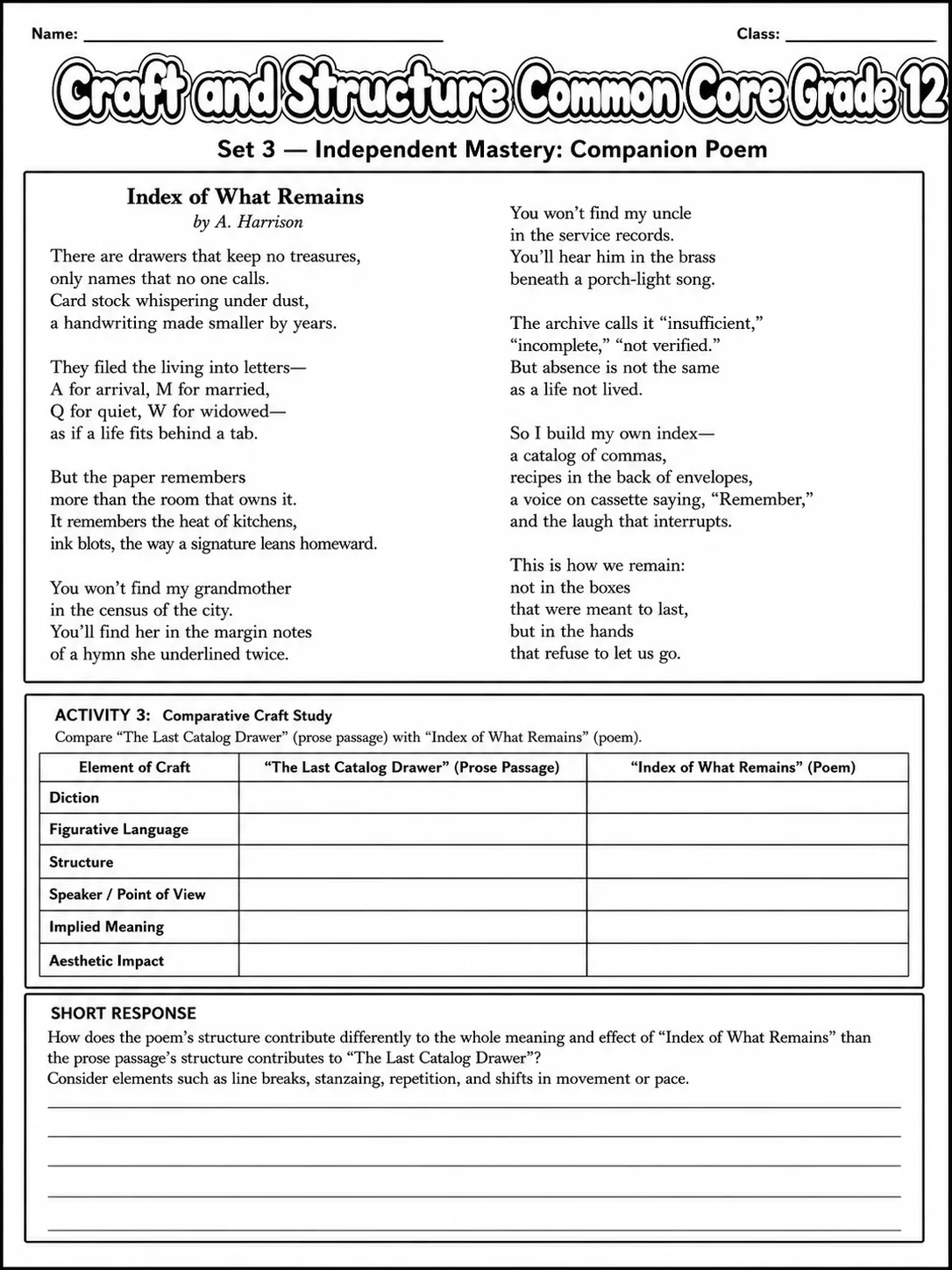 Craft and Structure Common Core Grade 12 page 9 printable Common Core ELA worksheet preview