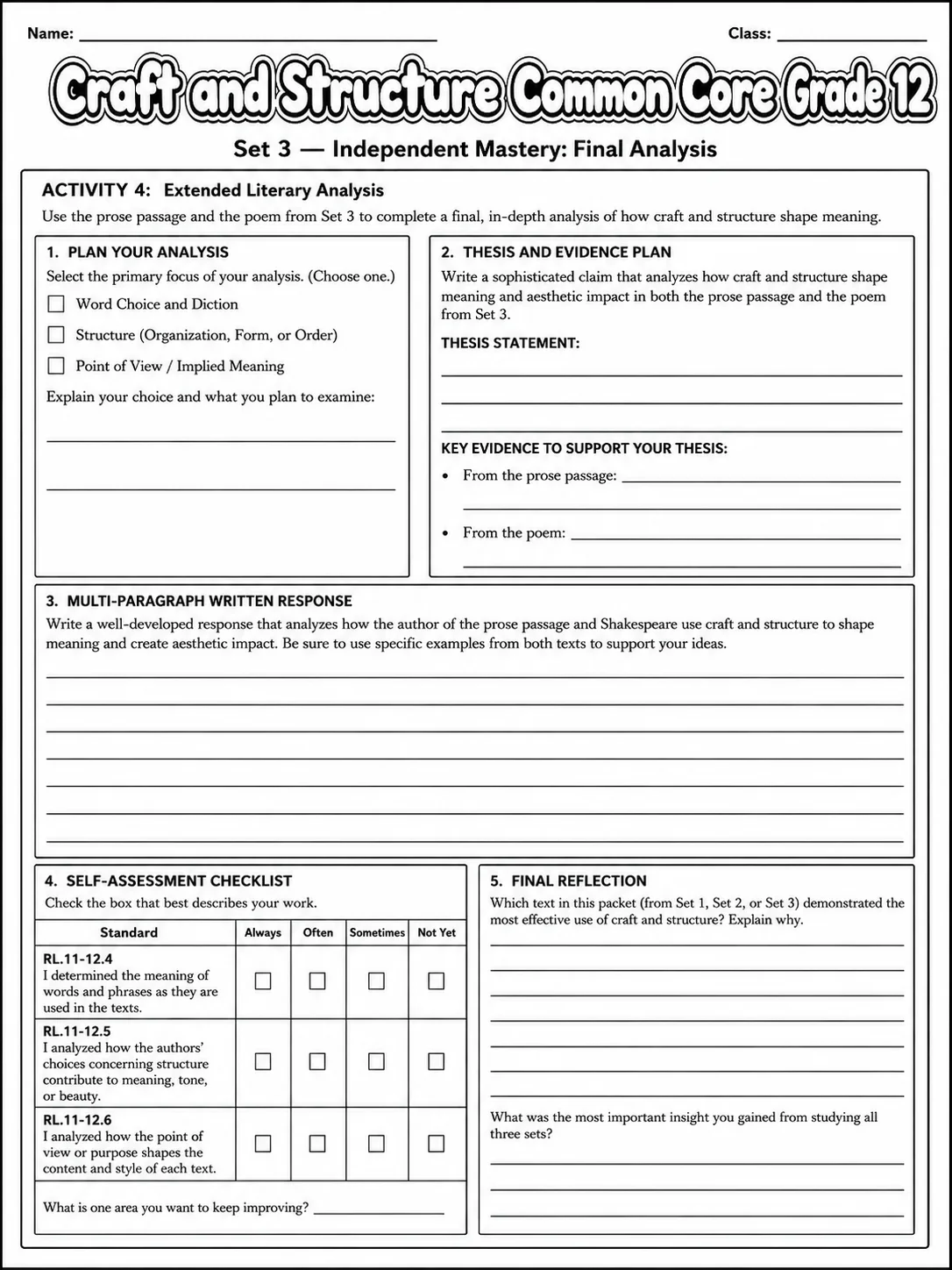 Craft and Structure Common Core Grade 12 page 10 printable Common Core ELA worksheet preview