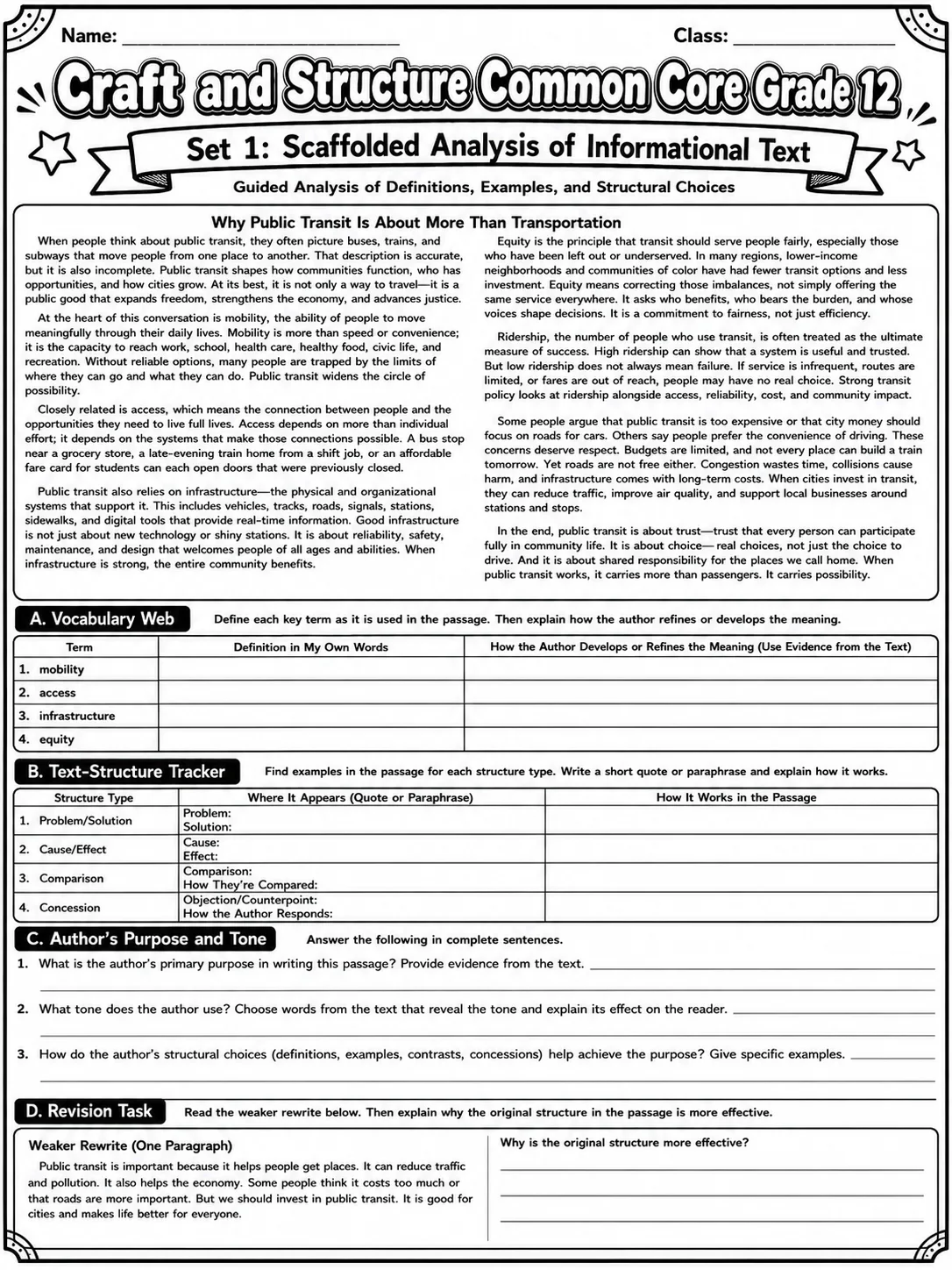 Craft and Structure Common Core Grade 12 page 2 printable Common Core ELA worksheet preview