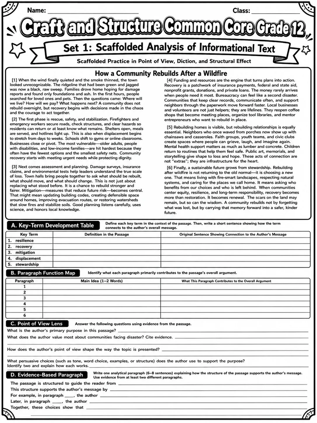 Craft and Structure Common Core Grade 12 page 3 printable Common Core ELA worksheet preview