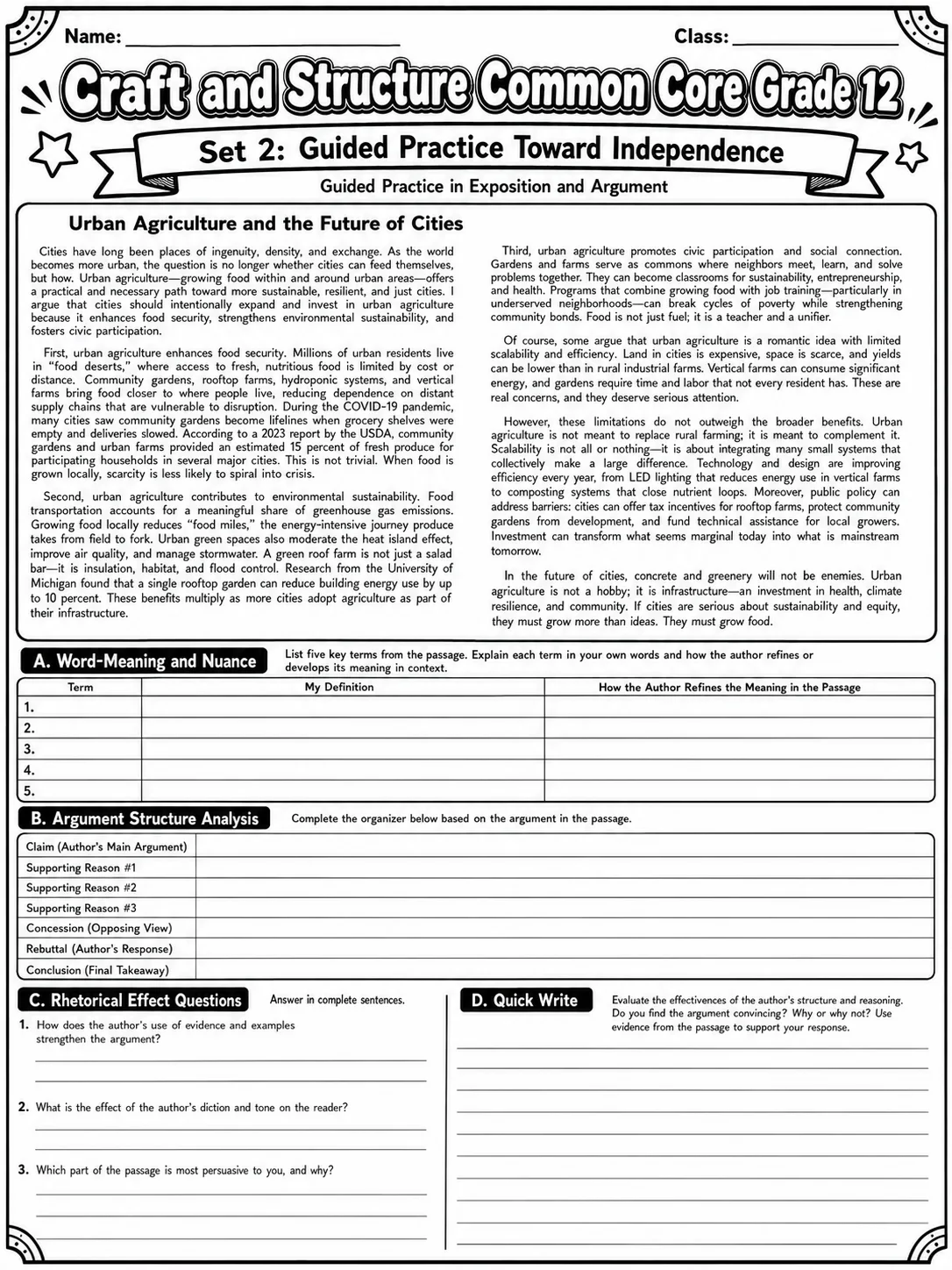 Craft and Structure Common Core Grade 12 page 4 printable Common Core ELA worksheet preview