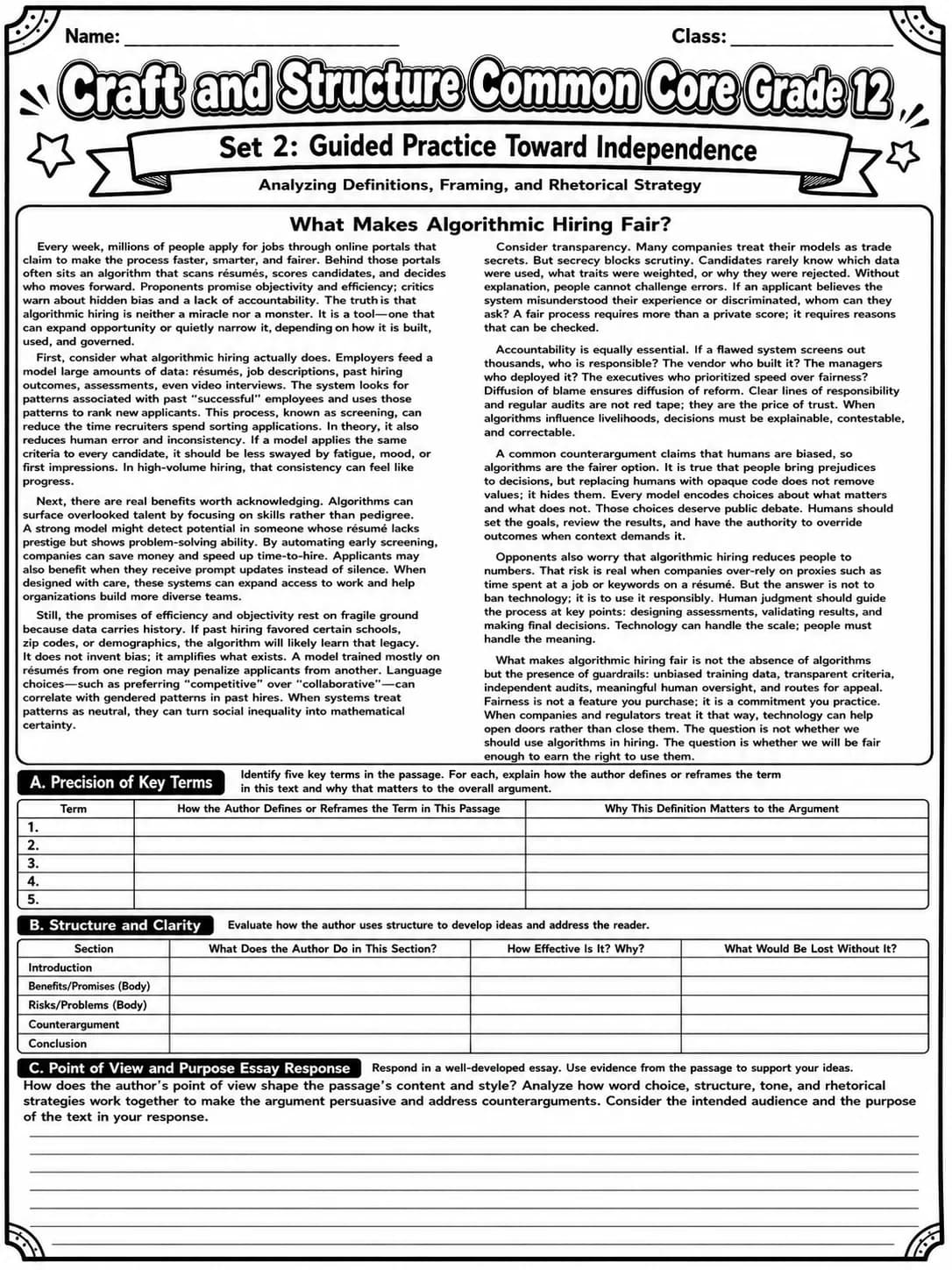Craft and Structure Common Core Grade 12 page 5 printable Common Core ELA worksheet preview
