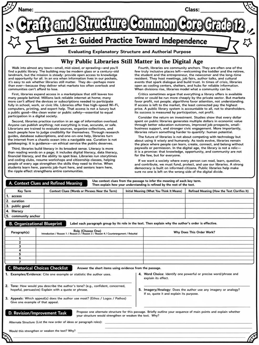 Craft and Structure Common Core Grade 12 page 6 printable Common Core ELA worksheet preview