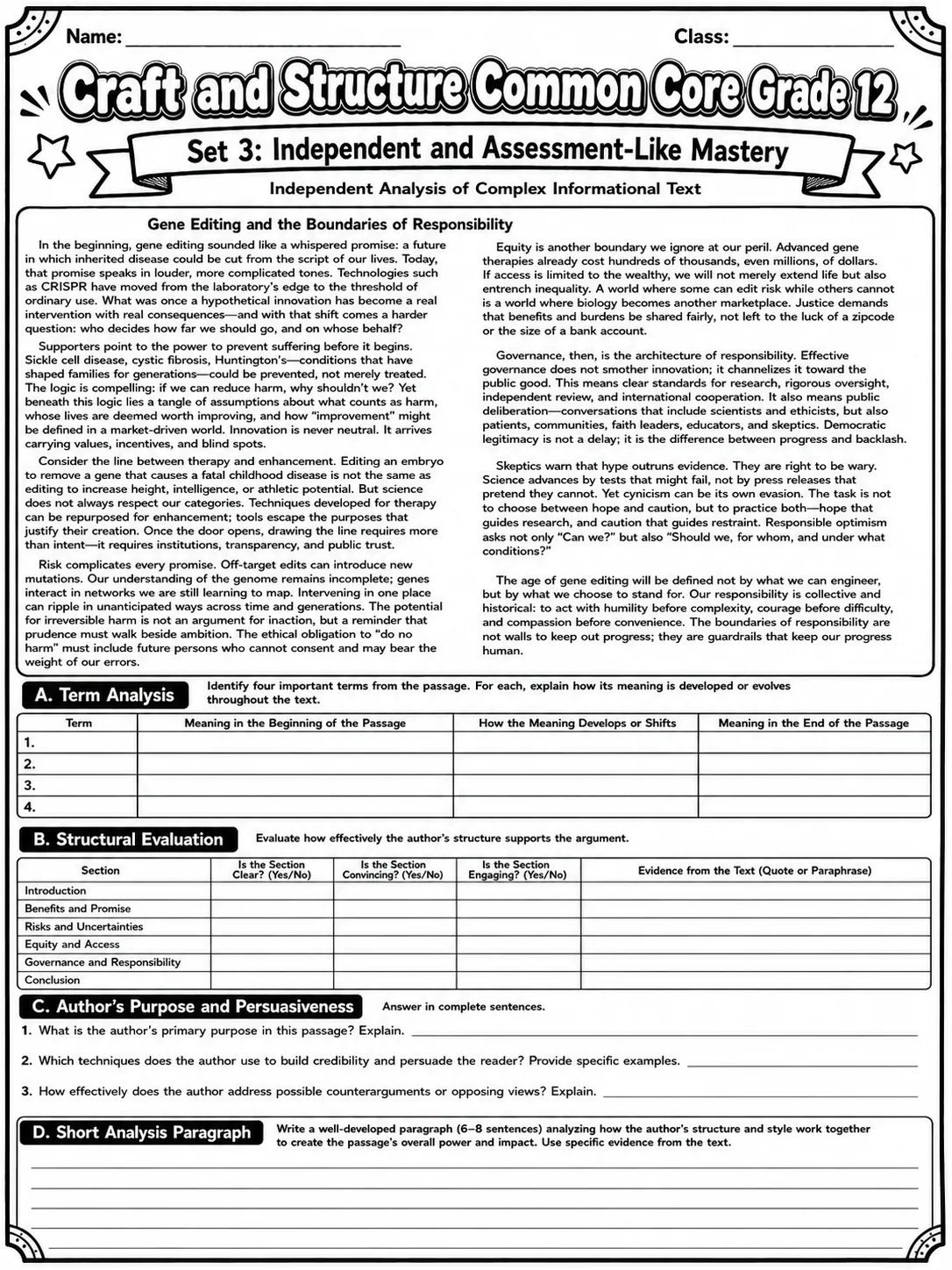 Craft and Structure Common Core Grade 12 page 7 printable Common Core ELA worksheet preview