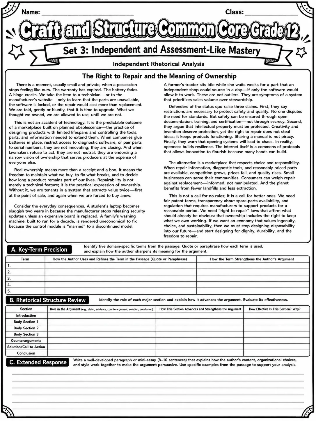 Craft and Structure Common Core Grade 12 page 8 printable Common Core ELA worksheet preview