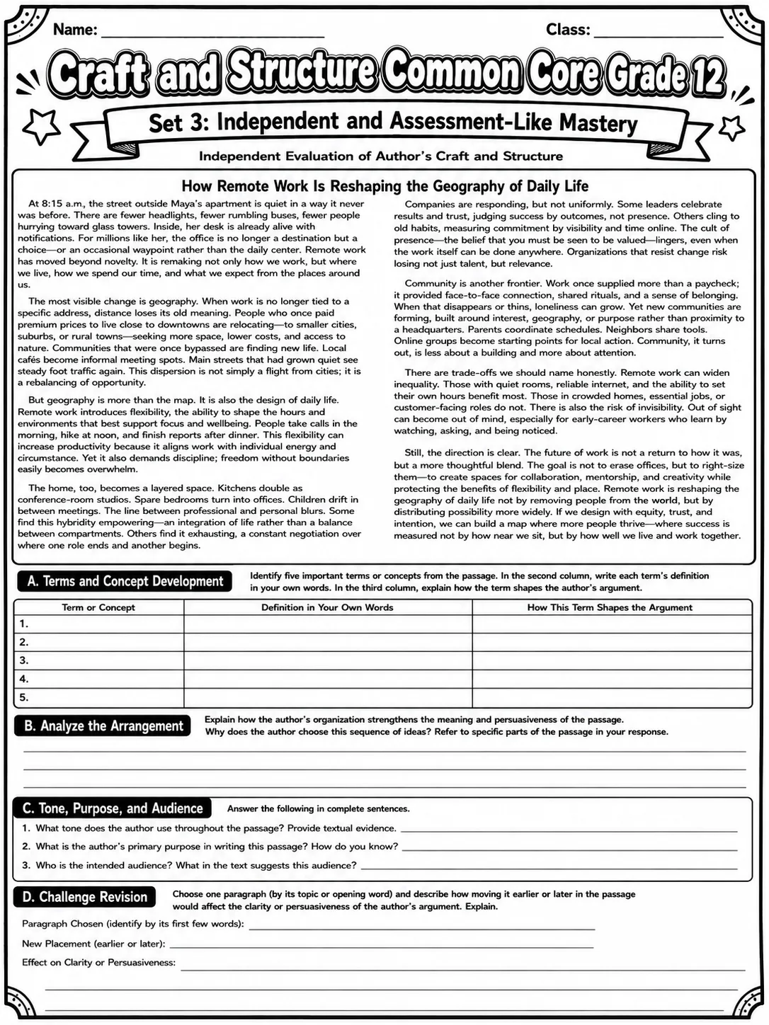 Craft and Structure Common Core Grade 12 page 9 printable Common Core ELA worksheet preview