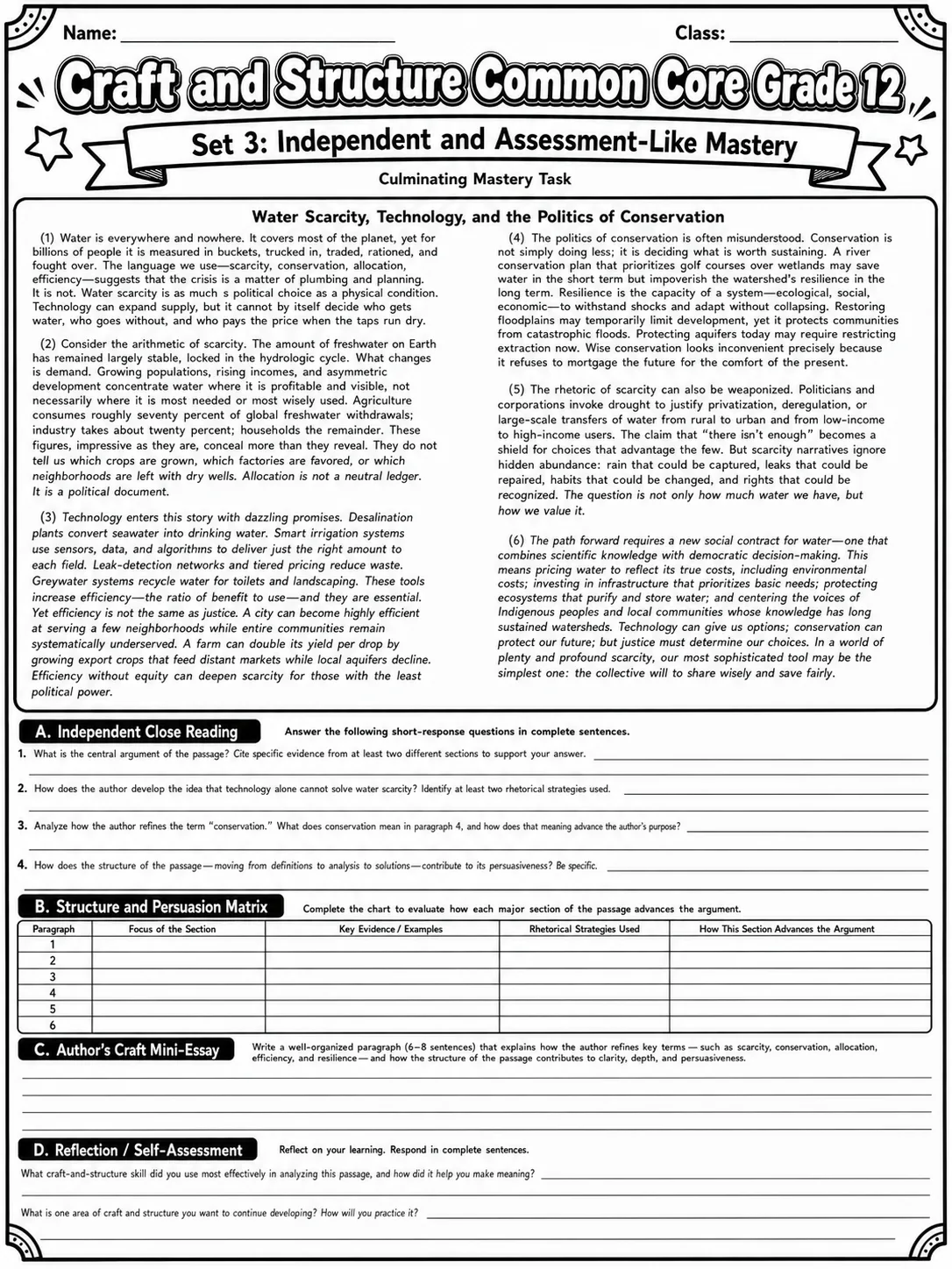 Craft and Structure Common Core Grade 12 page 10 printable Common Core ELA worksheet preview