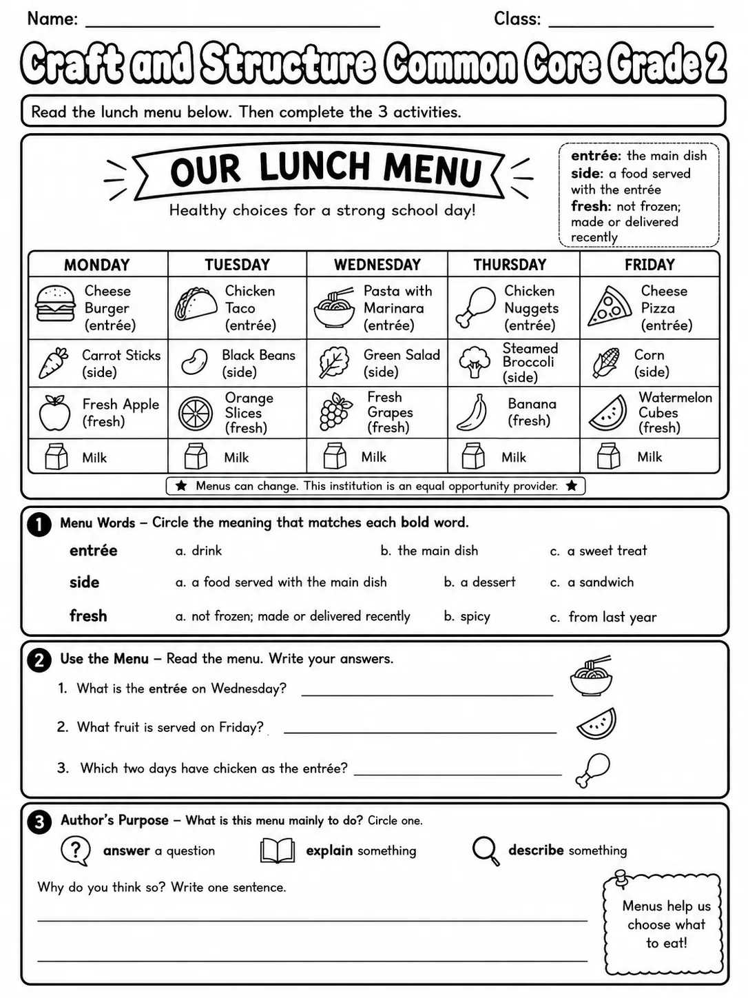 Craft and Structure Common Core Grade 2 page 2 printable Common Core ELA worksheet preview