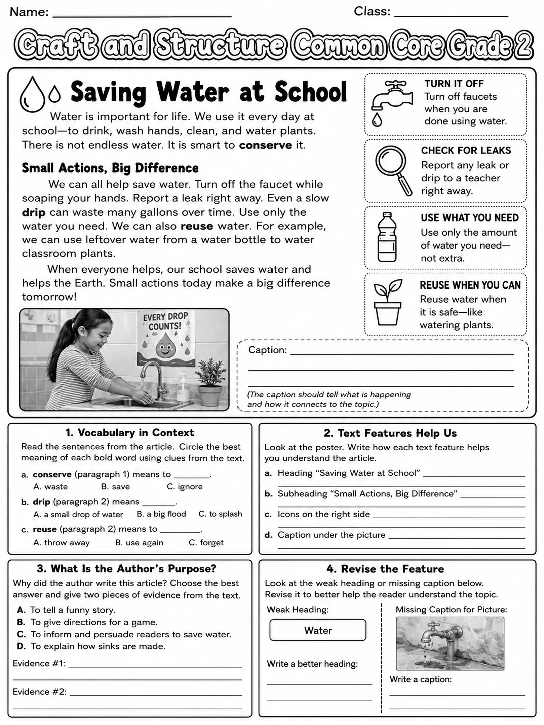 Craft and Structure Common Core Grade 2 page 8 printable Common Core ELA worksheet preview