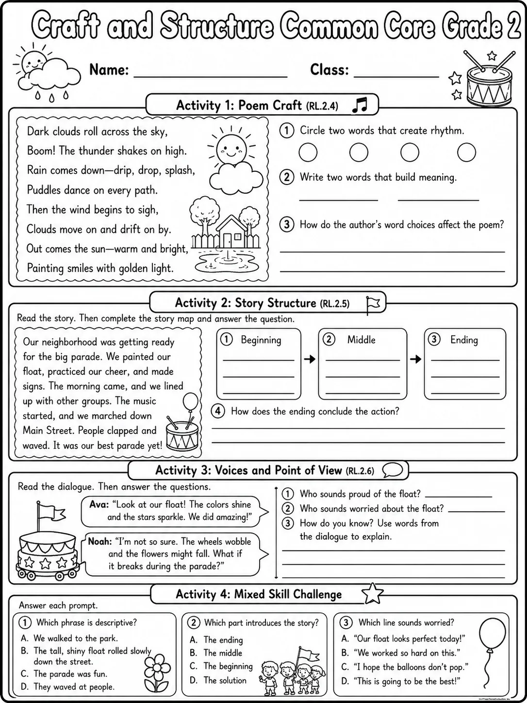 Craft and Structure Common Core Grade 2 page 10 printable Common Core ELA worksheet preview