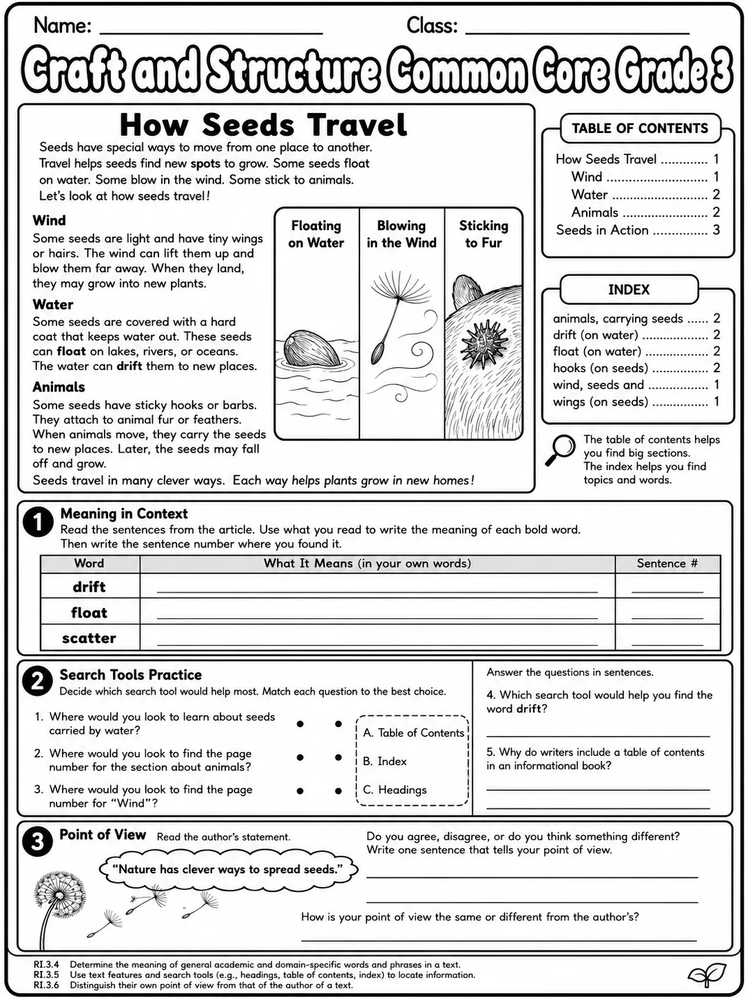 Craft and Structure Common Core Grade 3 page 2 printable Common Core ELA worksheet preview