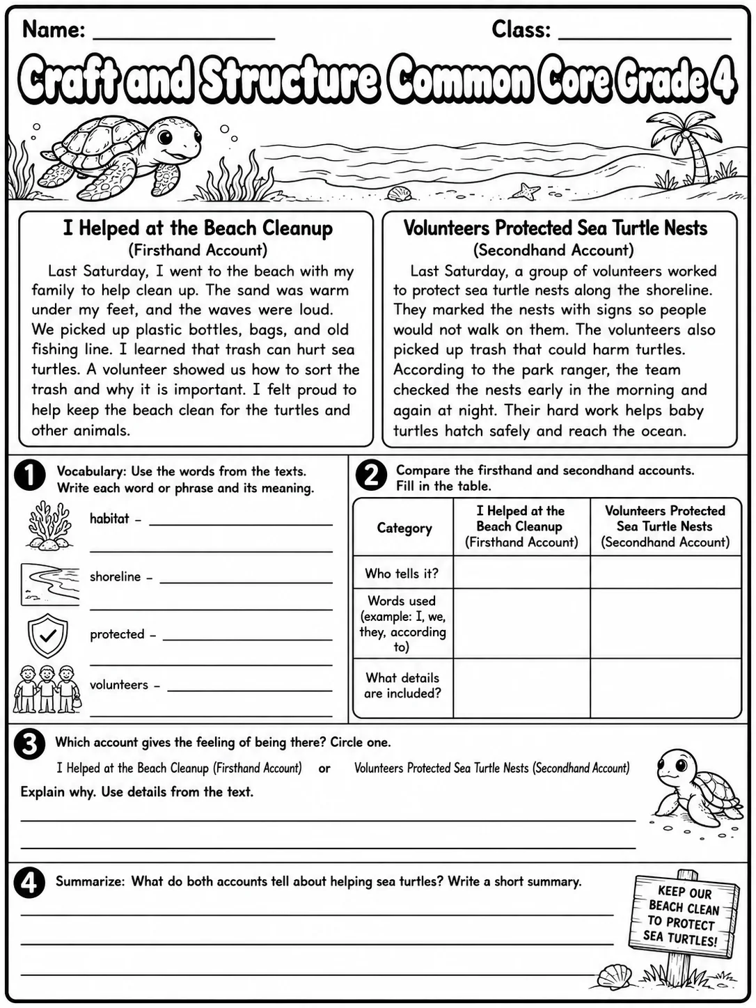 Craft and Structure Common Core Grade 4 page 7 printable Common Core ELA worksheet preview