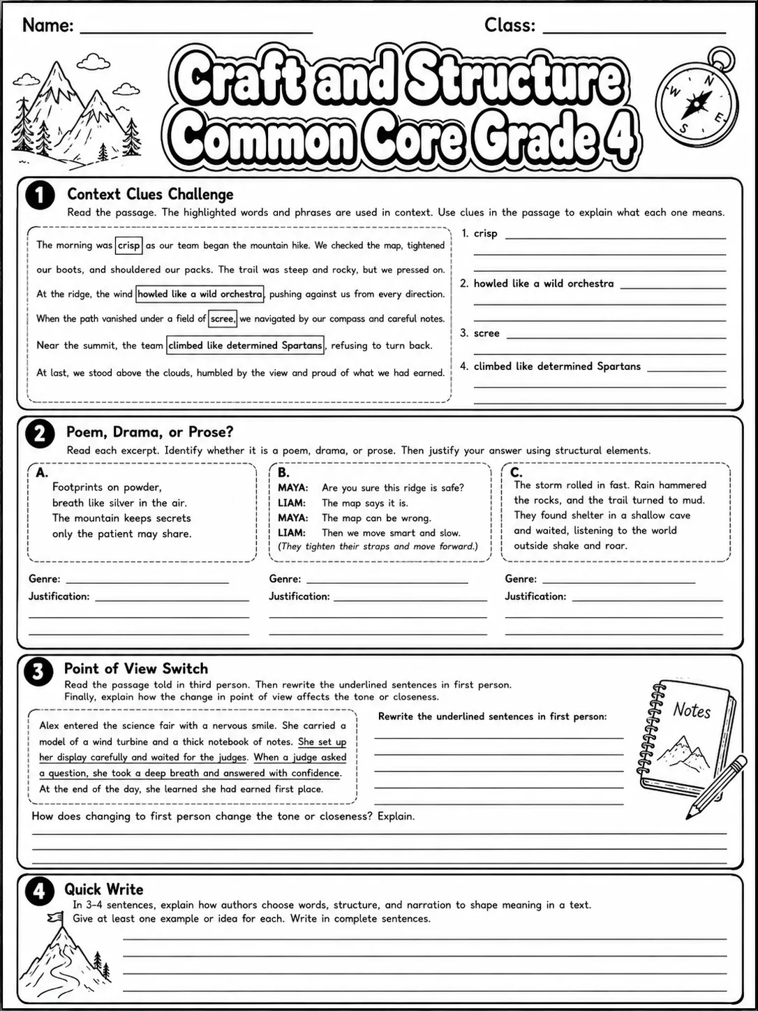Craft and Structure Common Core Grade 4 page 6 printable Common Core ELA worksheet preview