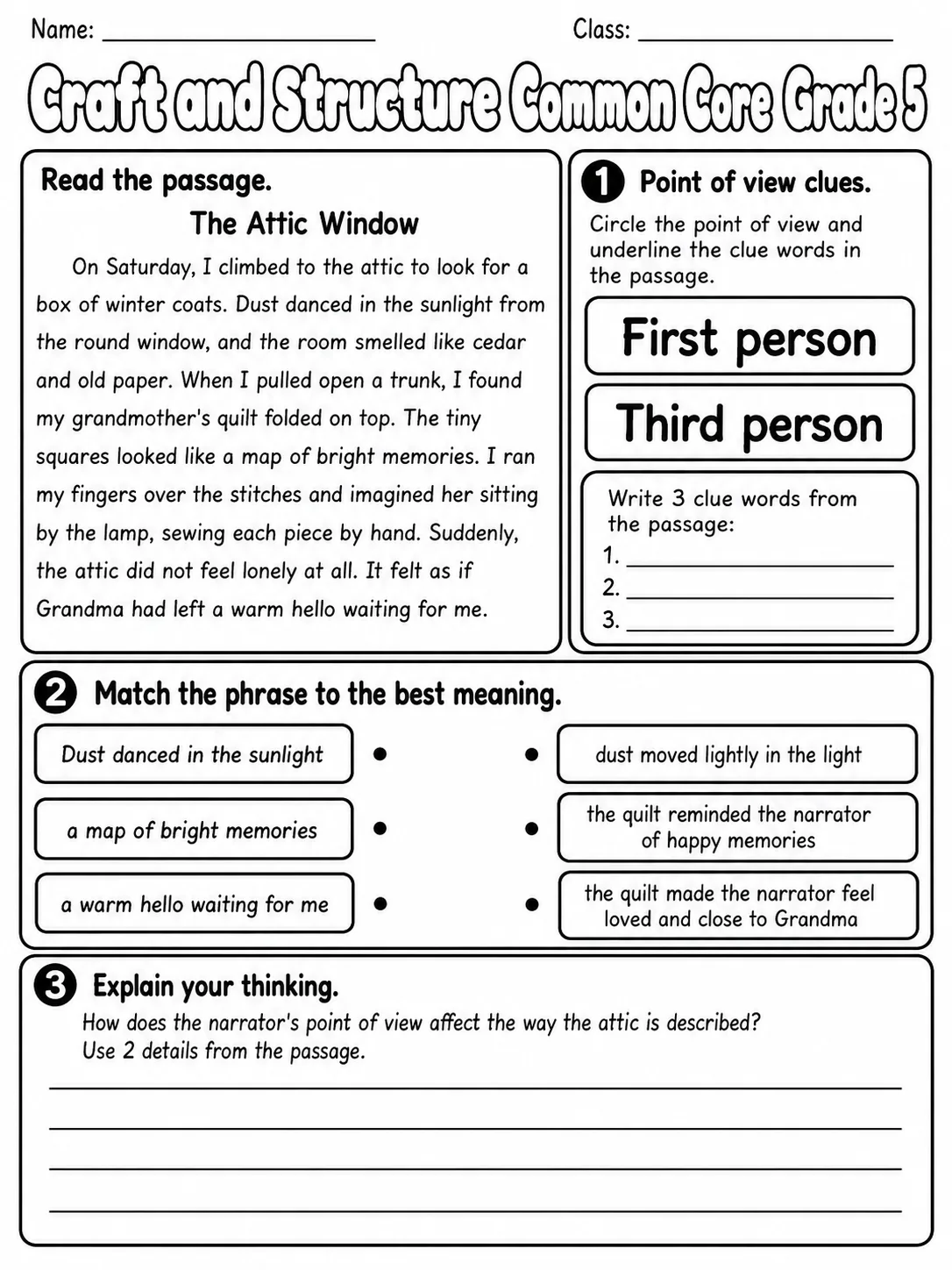 Craft and Structure Common Core Grade 5 page 2 printable Common Core ELA worksheet preview