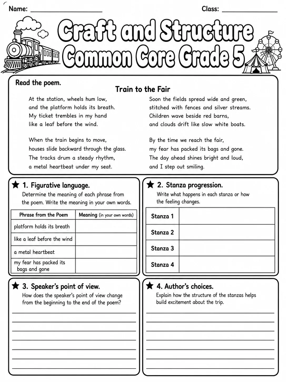 Craft and Structure Common Core Grade 5 page 8 printable Common Core ELA worksheet preview