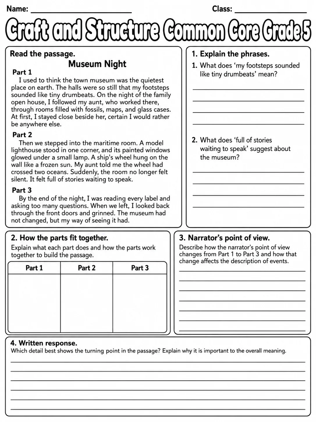 Craft and Structure Common Core Grade 5 page 10 printable Common Core ELA worksheet preview