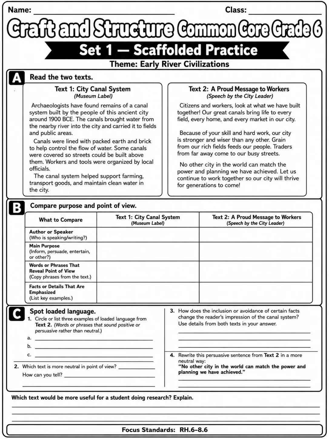 Craft and Structure Common Core Grade 6 page 3 printable Common Core ELA worksheet preview