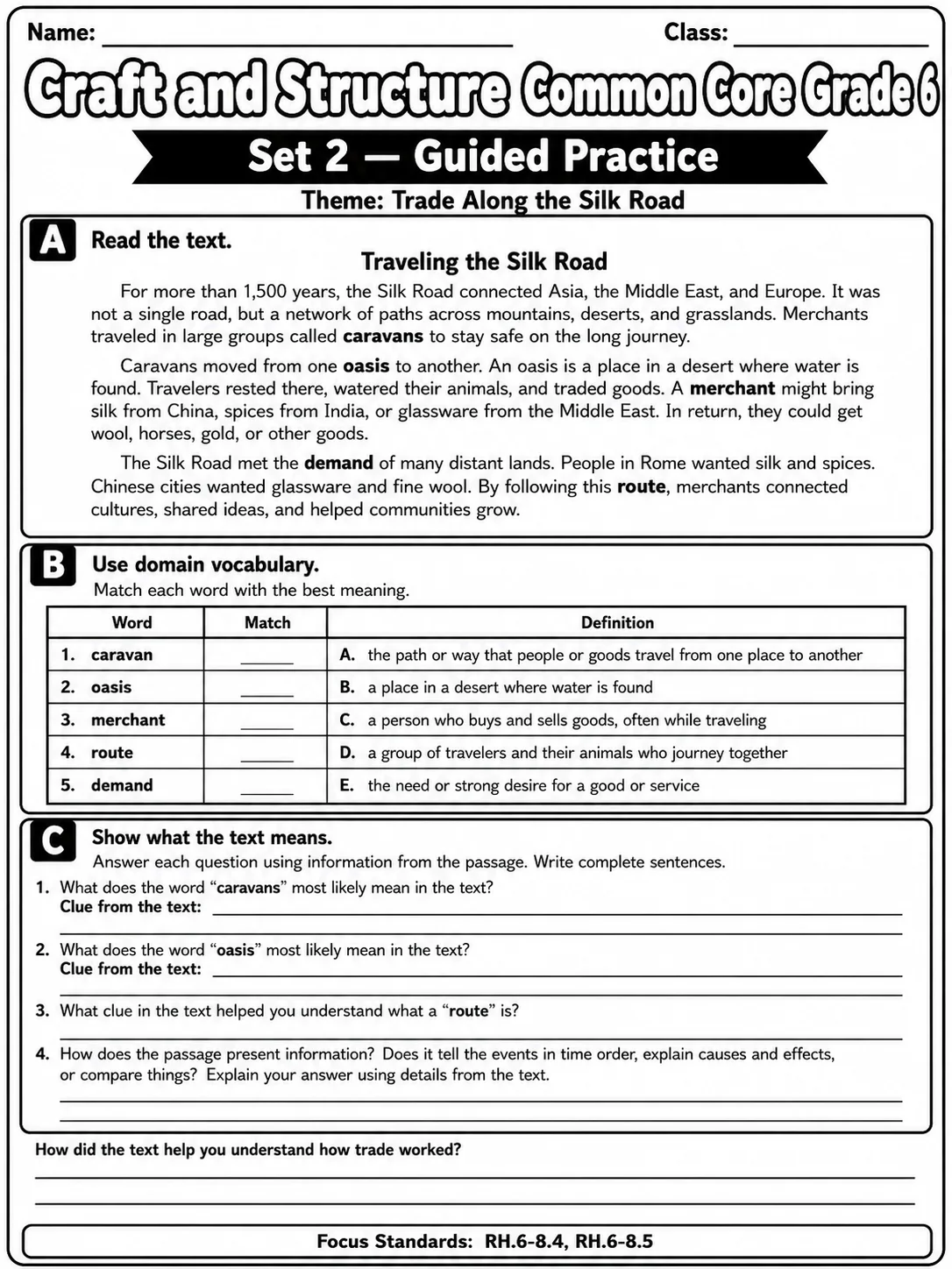 Craft and Structure Common Core Grade 6 page 4 printable Common Core ELA worksheet preview