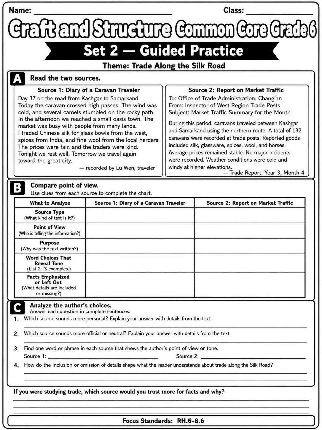 Craft and Structure Common Core Grade 6 page 6 printable Common Core ELA worksheet preview