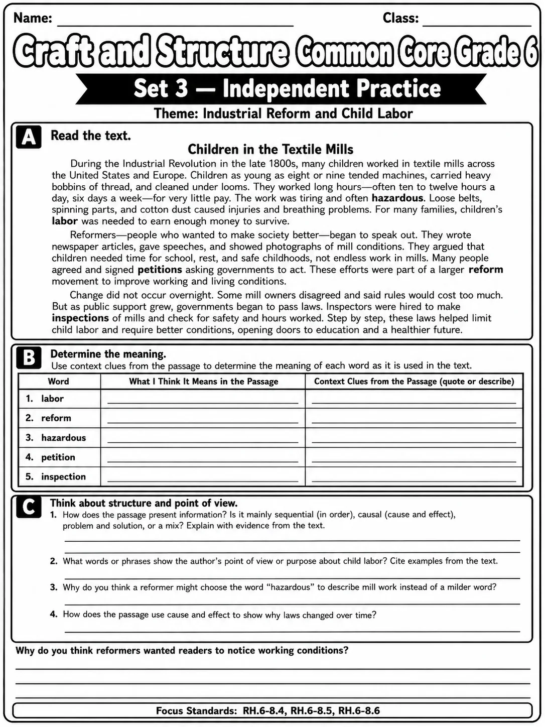Craft and Structure Common Core Grade 6 page 7 printable Common Core ELA worksheet preview