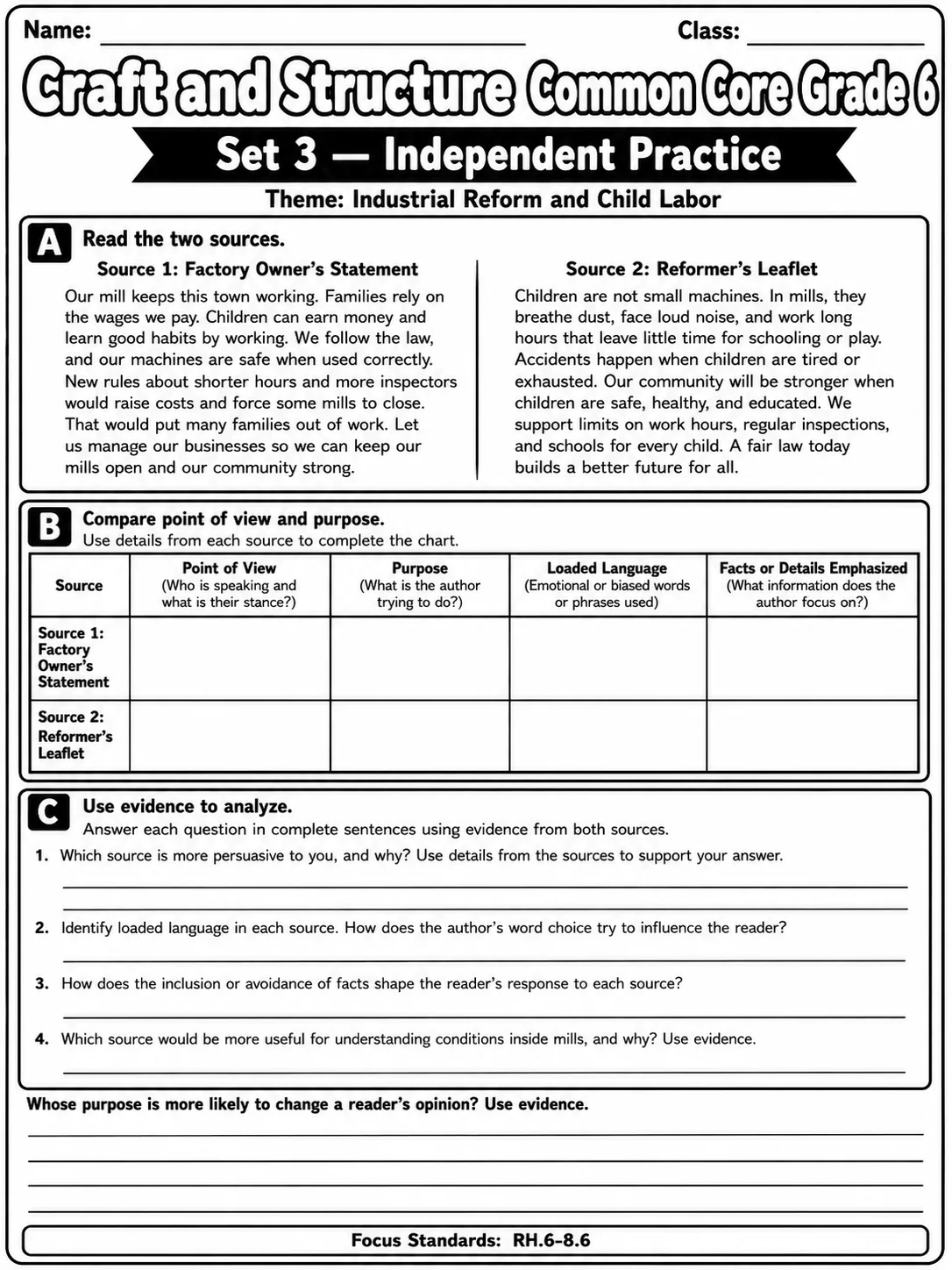 Craft and Structure Common Core Grade 6 page 8 printable Common Core ELA worksheet preview