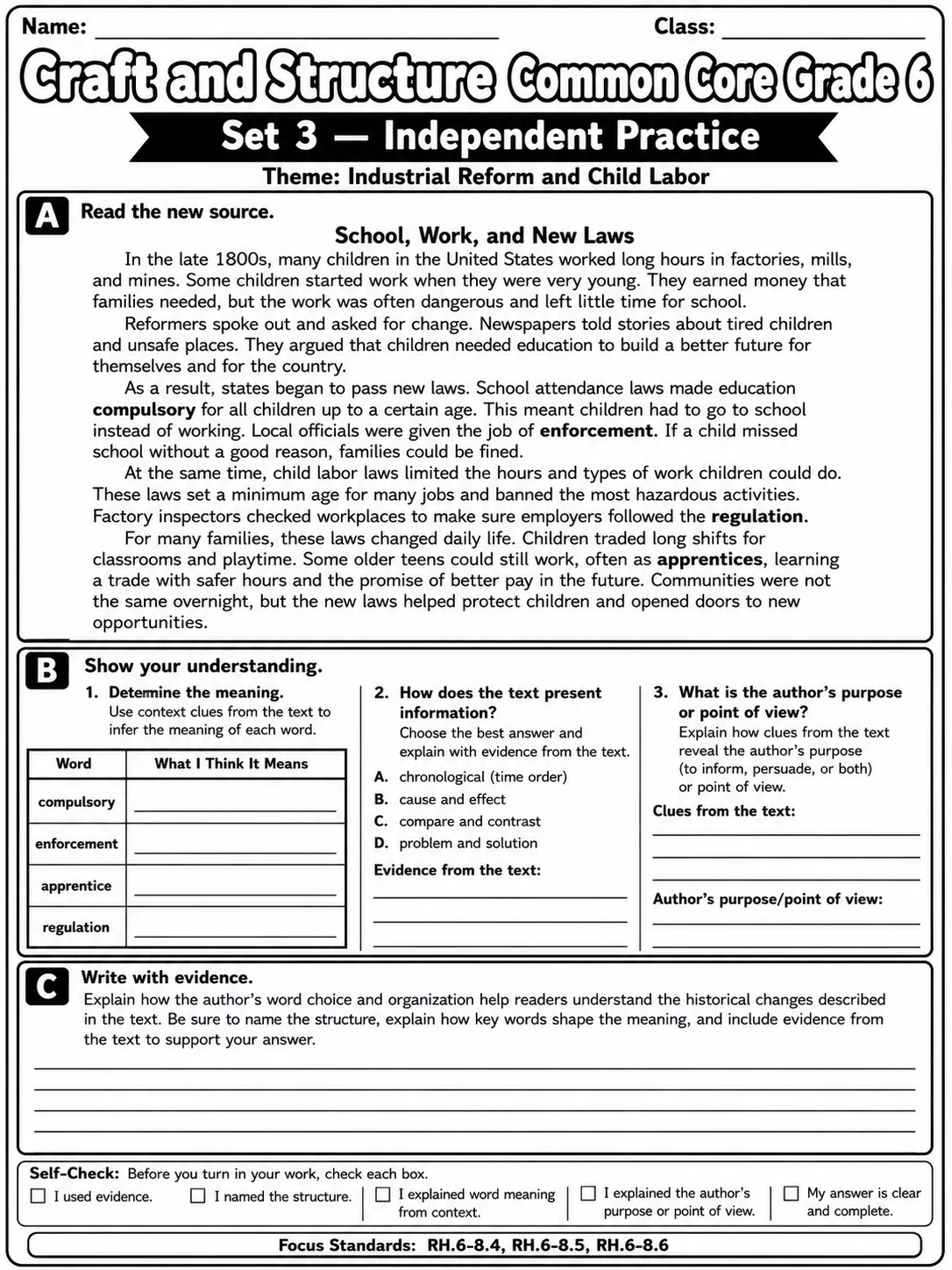 Craft and Structure Common Core Grade 6 page 10 printable Common Core ELA worksheet preview