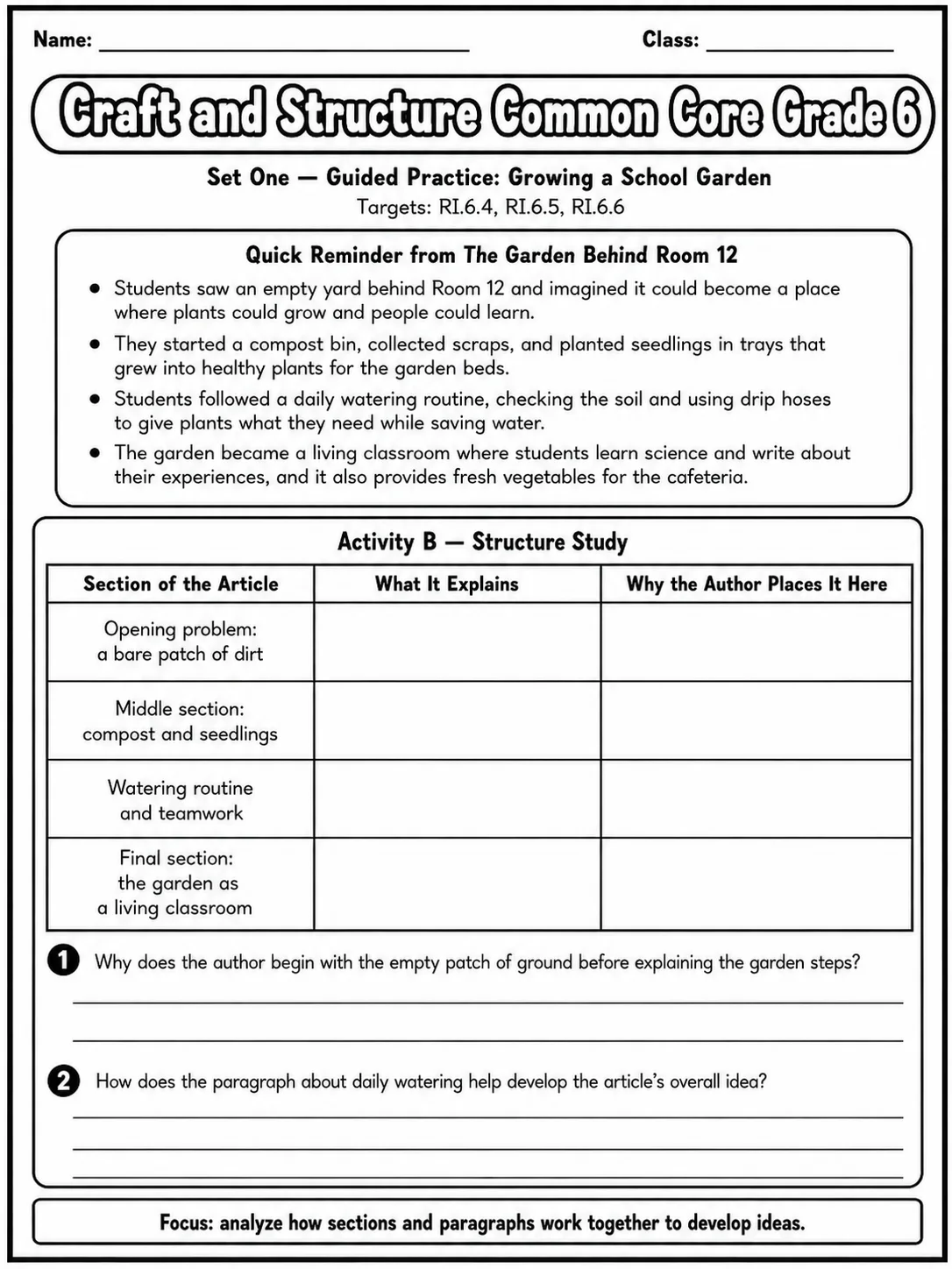 Craft and Structure Common Core Grade 6 page 2 printable Common Core ELA worksheet preview