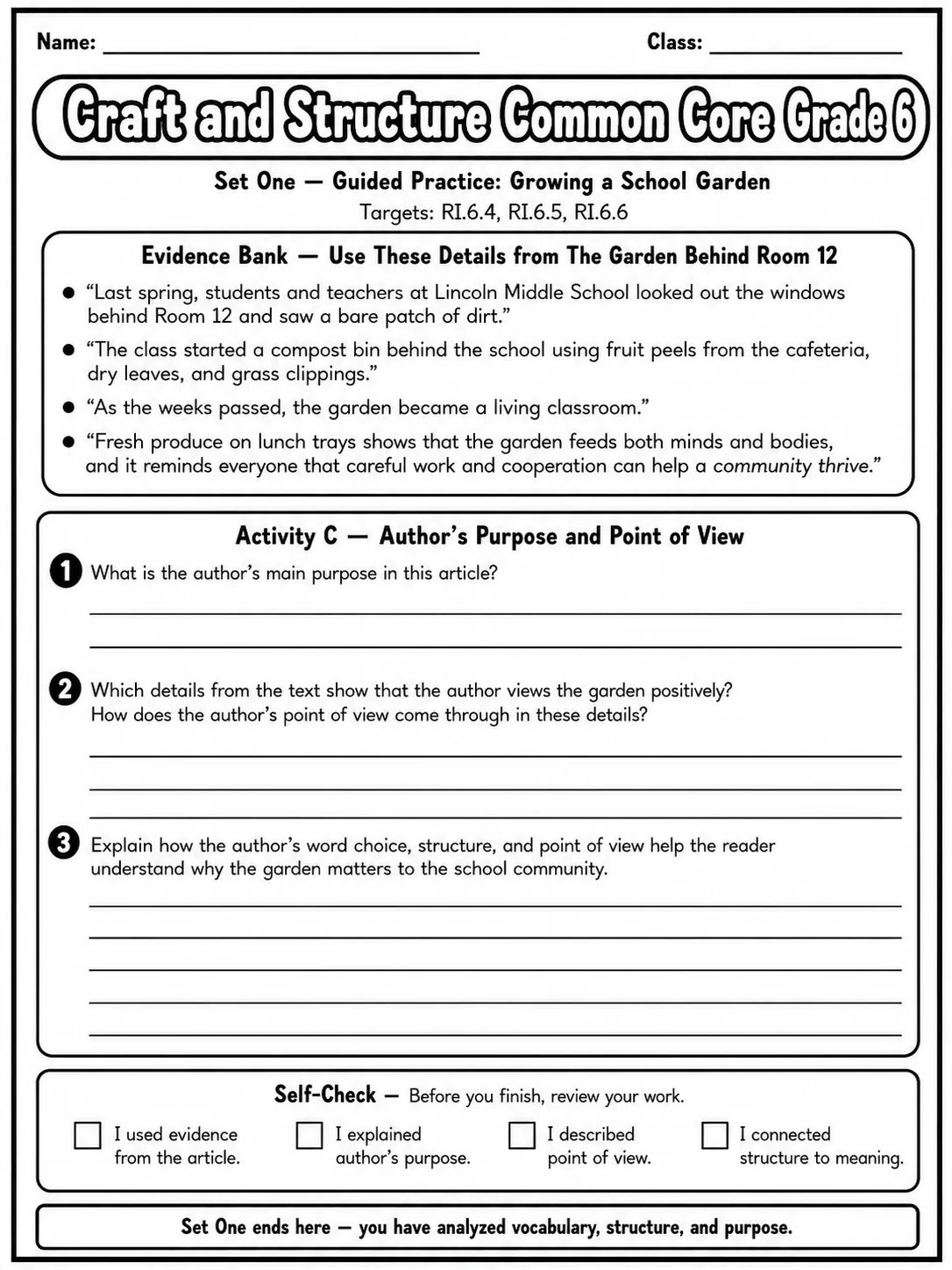 Craft and Structure Common Core Grade 6 page 3 printable Common Core ELA worksheet preview
