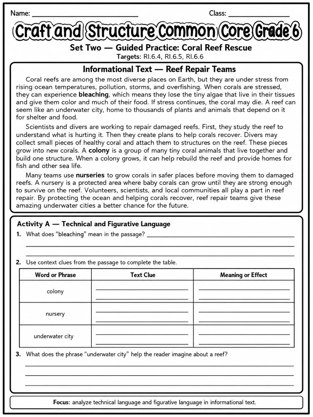 Craft and Structure Common Core Grade 6 page 4 printable Common Core ELA worksheet preview