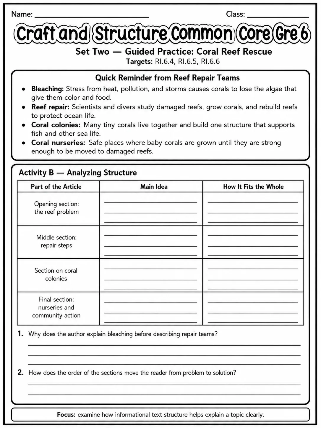 Craft and Structure Common Core Grade 6 page 5 printable Common Core ELA worksheet preview