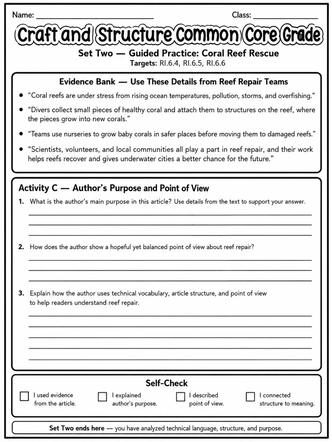 Craft and Structure Common Core Grade 6 page 6 printable Common Core ELA worksheet preview