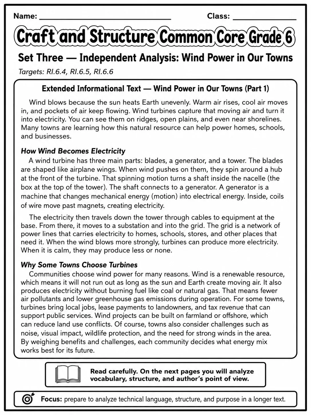 Craft and Structure Common Core Grade 6 page 7 printable Common Core ELA worksheet preview