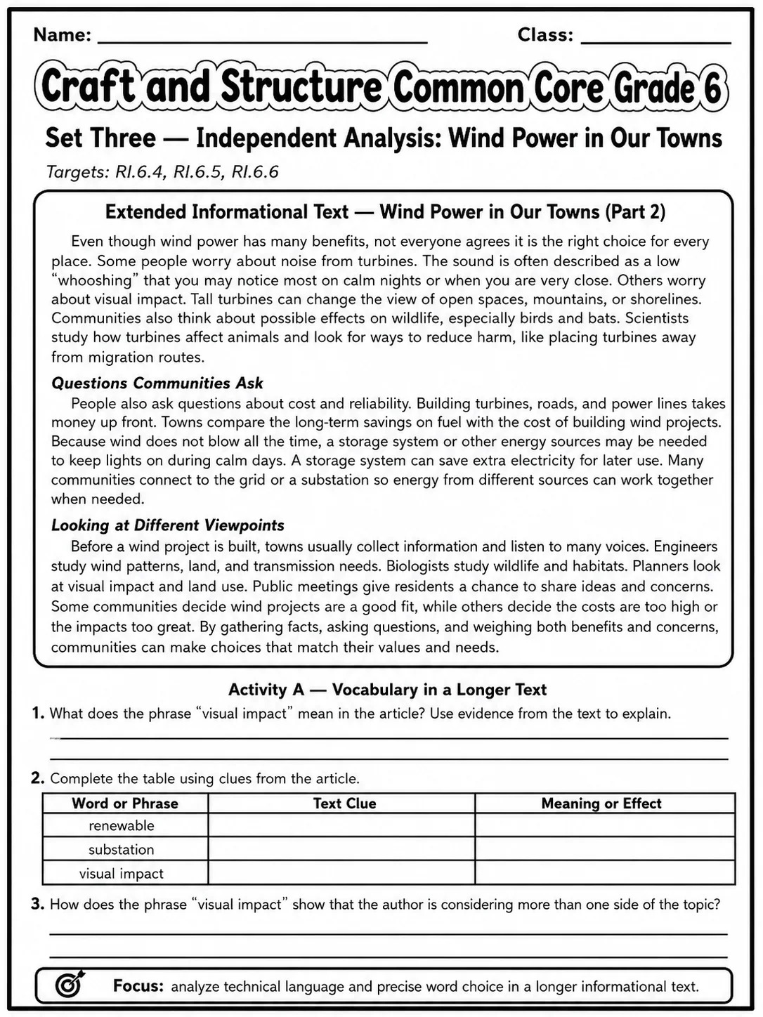 Craft and Structure Common Core Grade 6 page 8 printable Common Core ELA worksheet preview